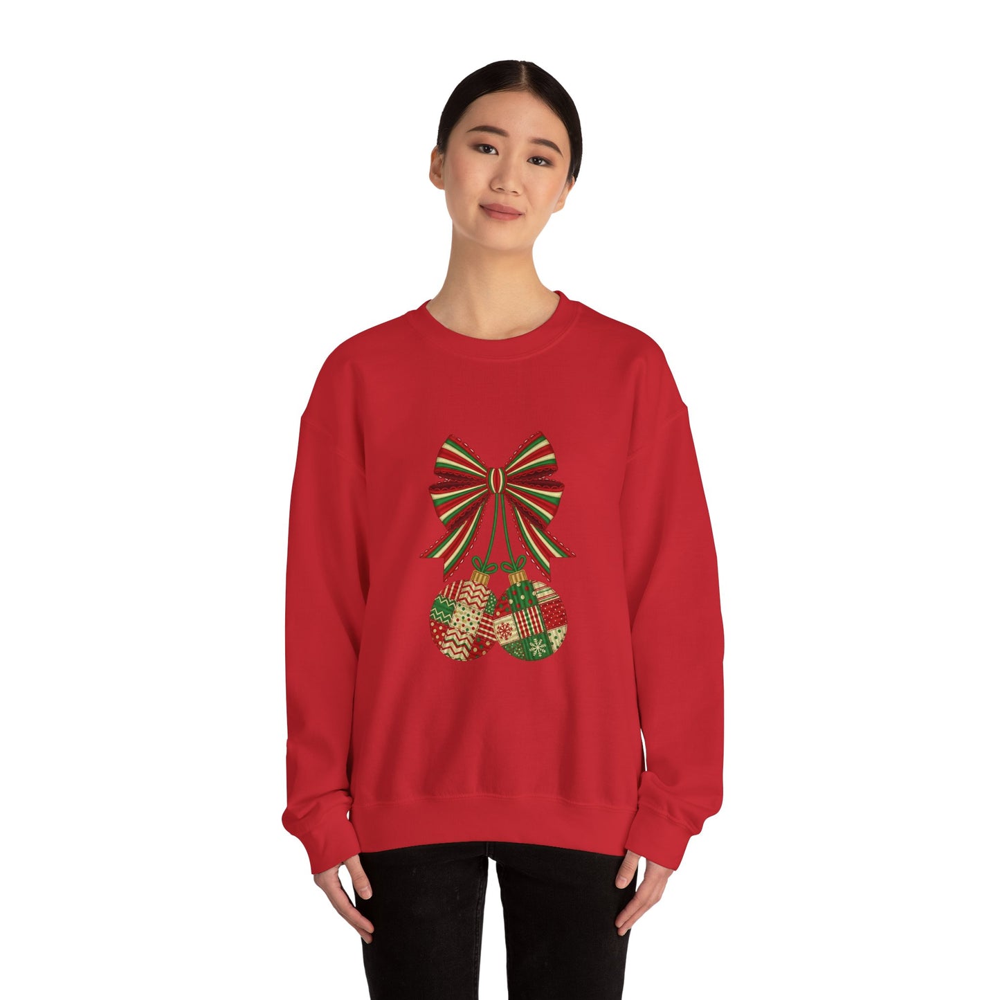 Christmas Ornament Crewneck Sweatshirt – Festive Bow & Patchwork Baubles