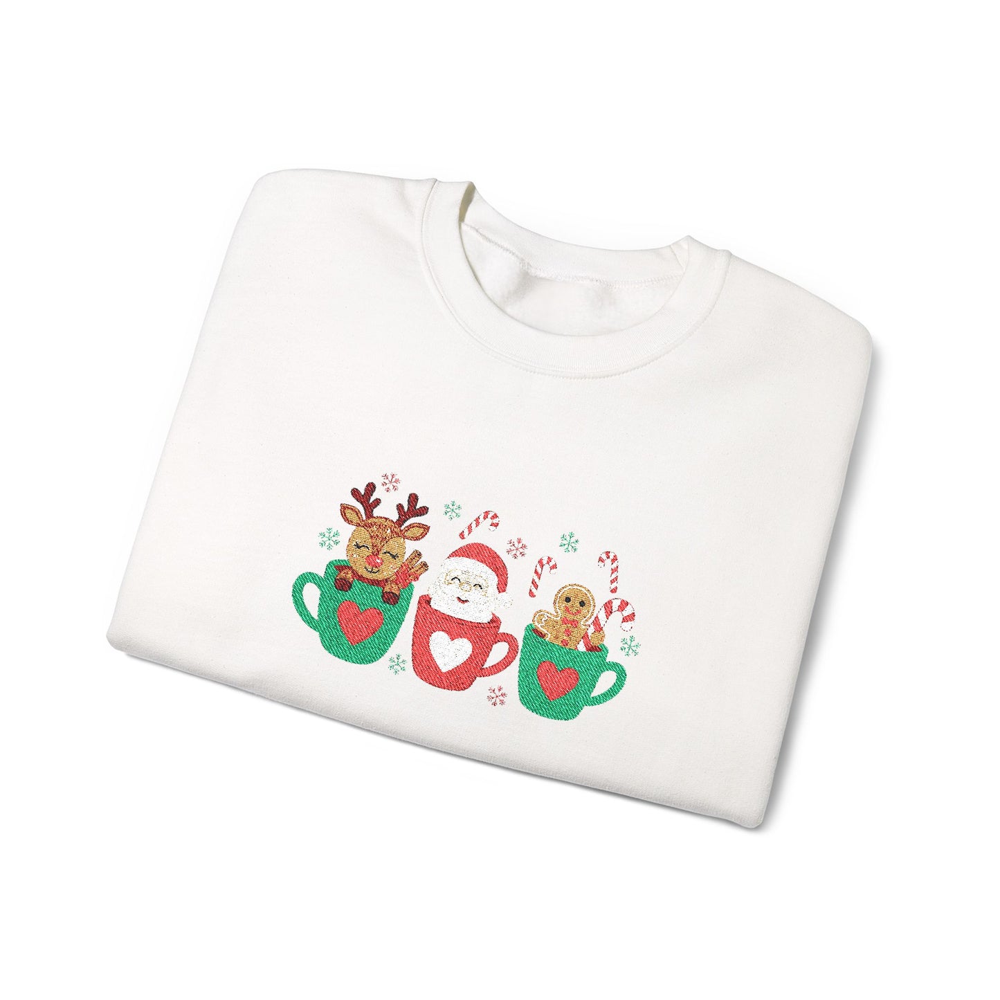 Christmas Mug Crewneck Sweatshirt – Santa, Reindeer & Gingerbread in Holiday Mugs