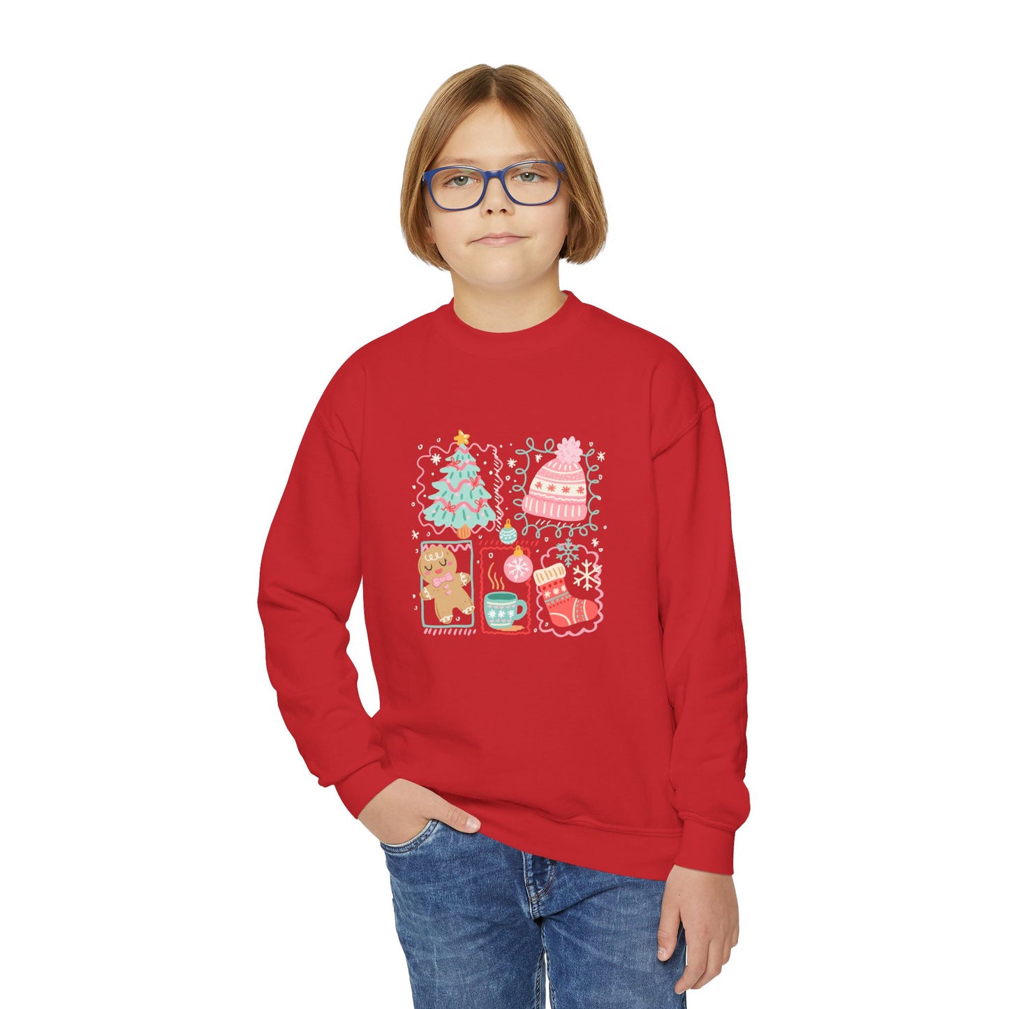 Youth Christmas Crewneck Sweatshirt — Cute Holiday Tree, Gingerbread & Stocking Design