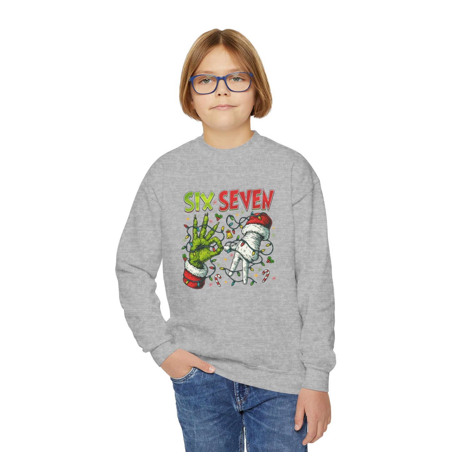 Youth Crewneck Sweatshirt — 'Six Seven' Festive Grinch Holiday Graphic