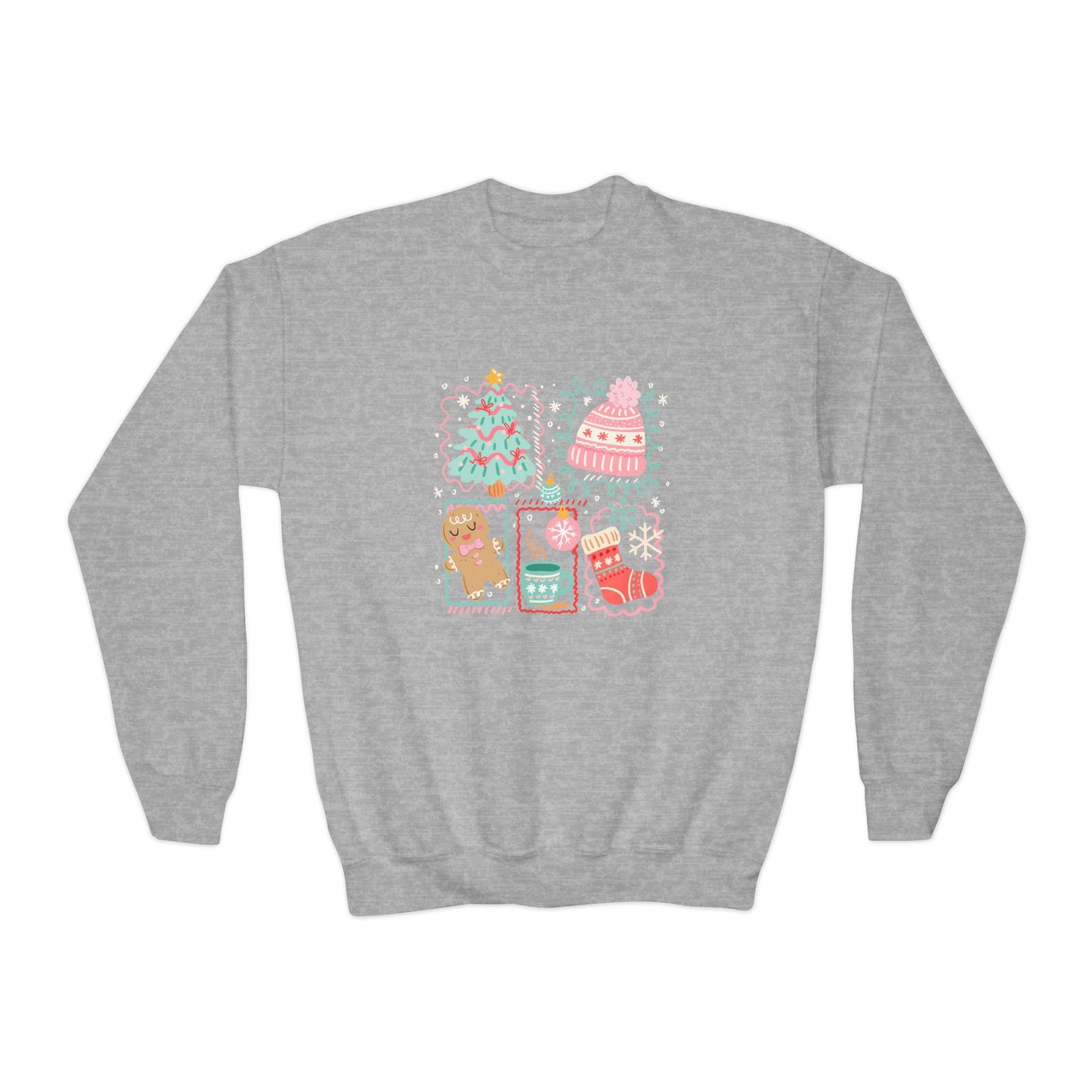Youth Christmas Crewneck Sweatshirt — Cute Holiday Tree, Gingerbread & Stocking Design