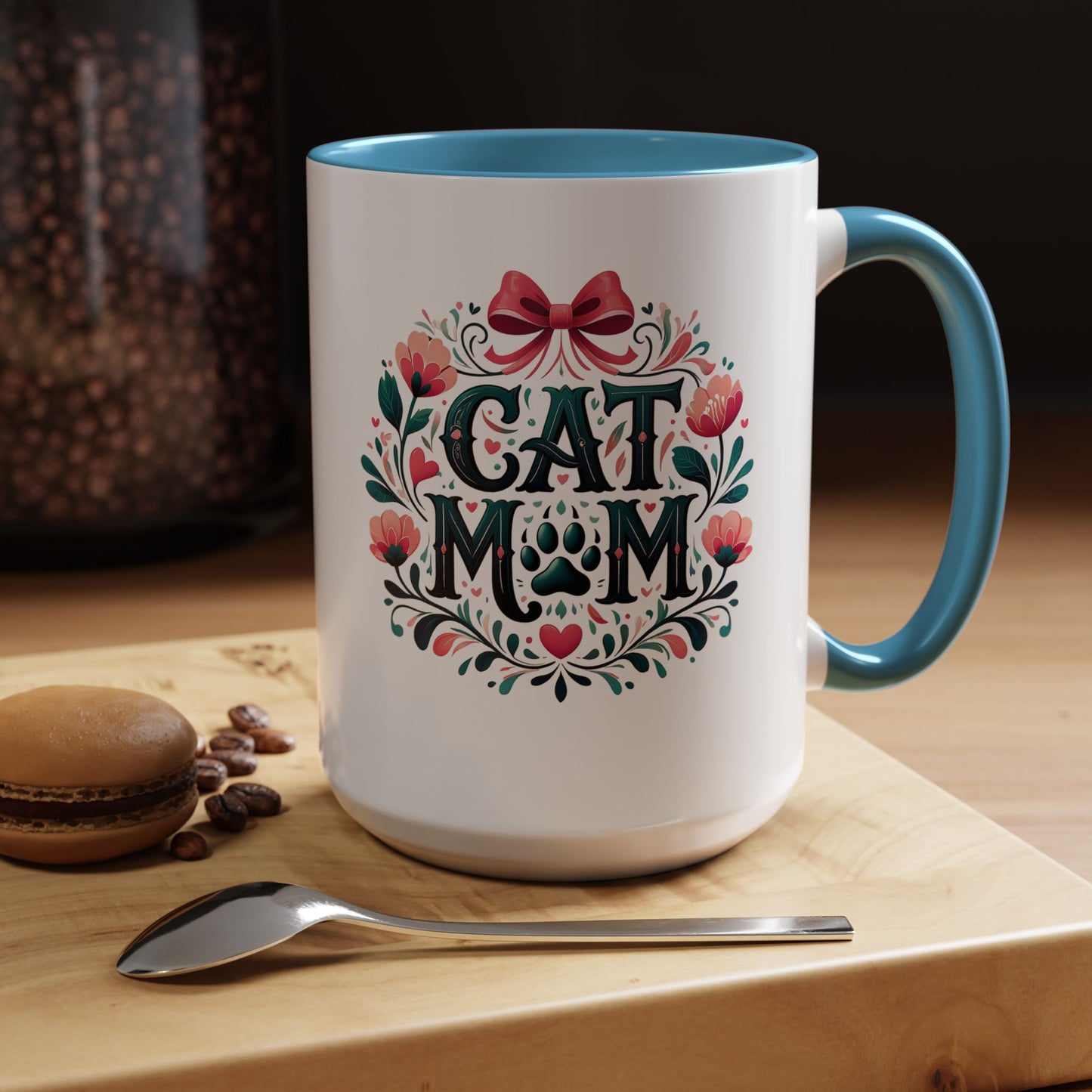 Cat Mom Floral Accent Coffee Mug – Cute Paw Print Gift (11/15oz)