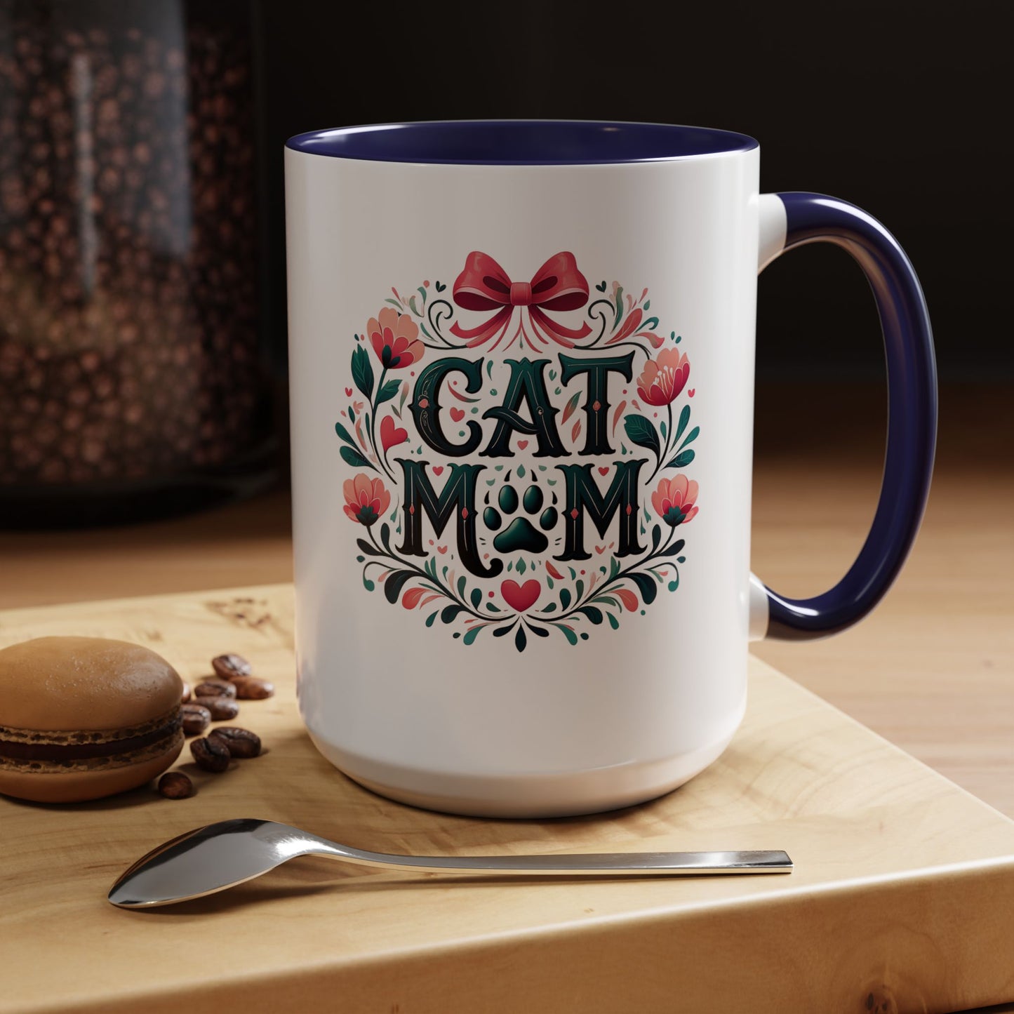 Cat Mom Floral Accent Coffee Mug – Cute Paw Print Gift (11/15oz)