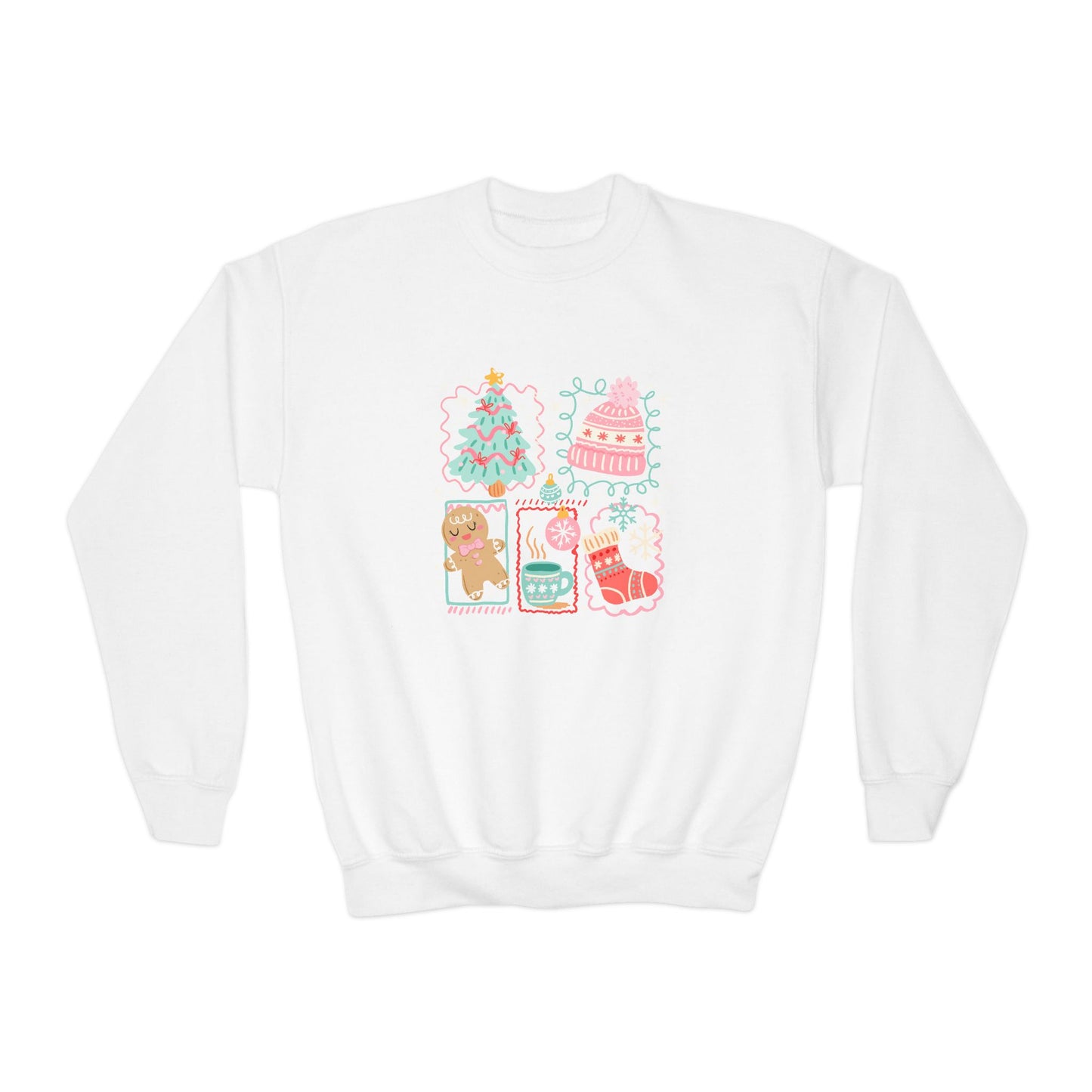 Youth Christmas Crewneck Sweatshirt — Cute Holiday Tree, Gingerbread & Stocking Design