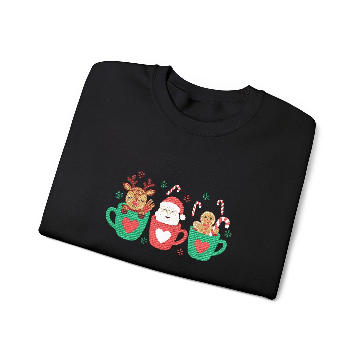 Christmas Mug Crewneck Sweatshirt – Santa, Reindeer & Gingerbread in Holiday Mugs