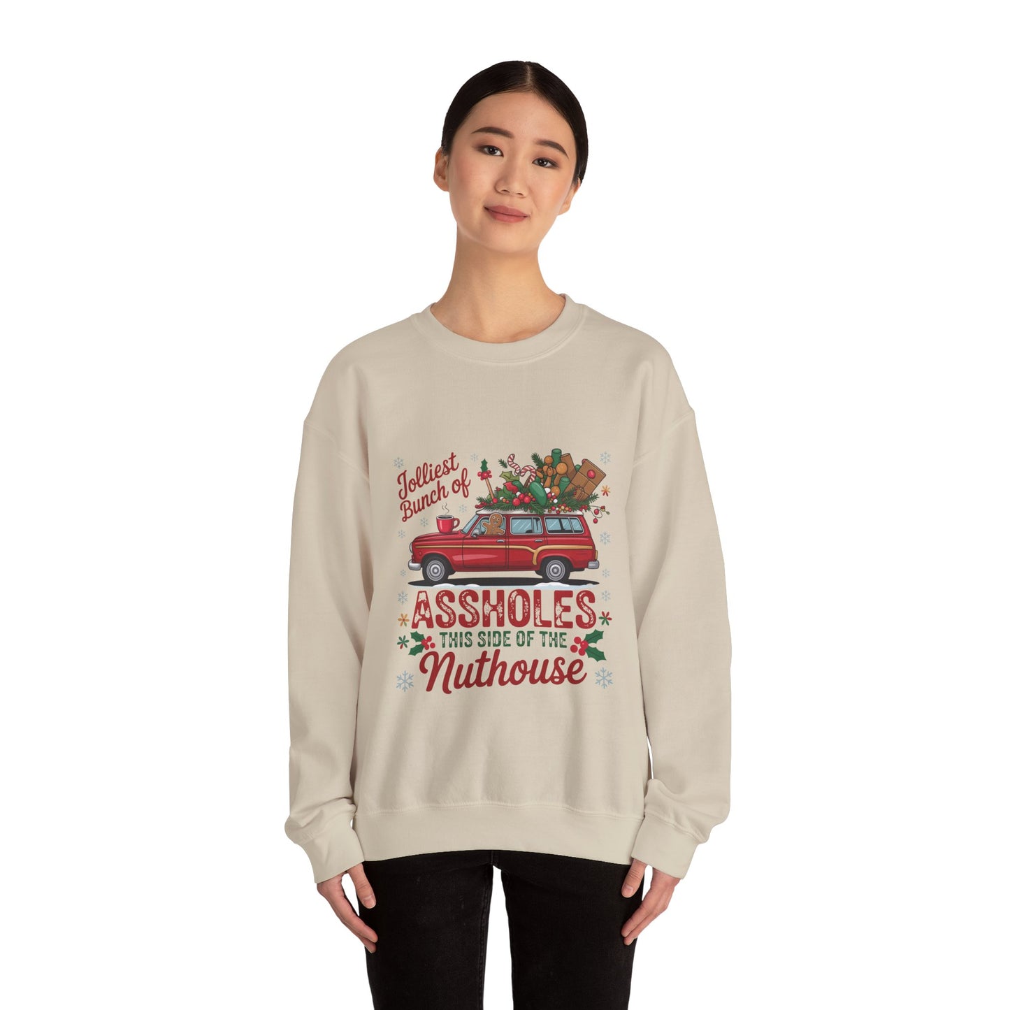 Holiday Crewneck Sweatshirt - "Jolliest Bunch of Assholes This Side of the Nuthouse" Vintage Car Christmas Design