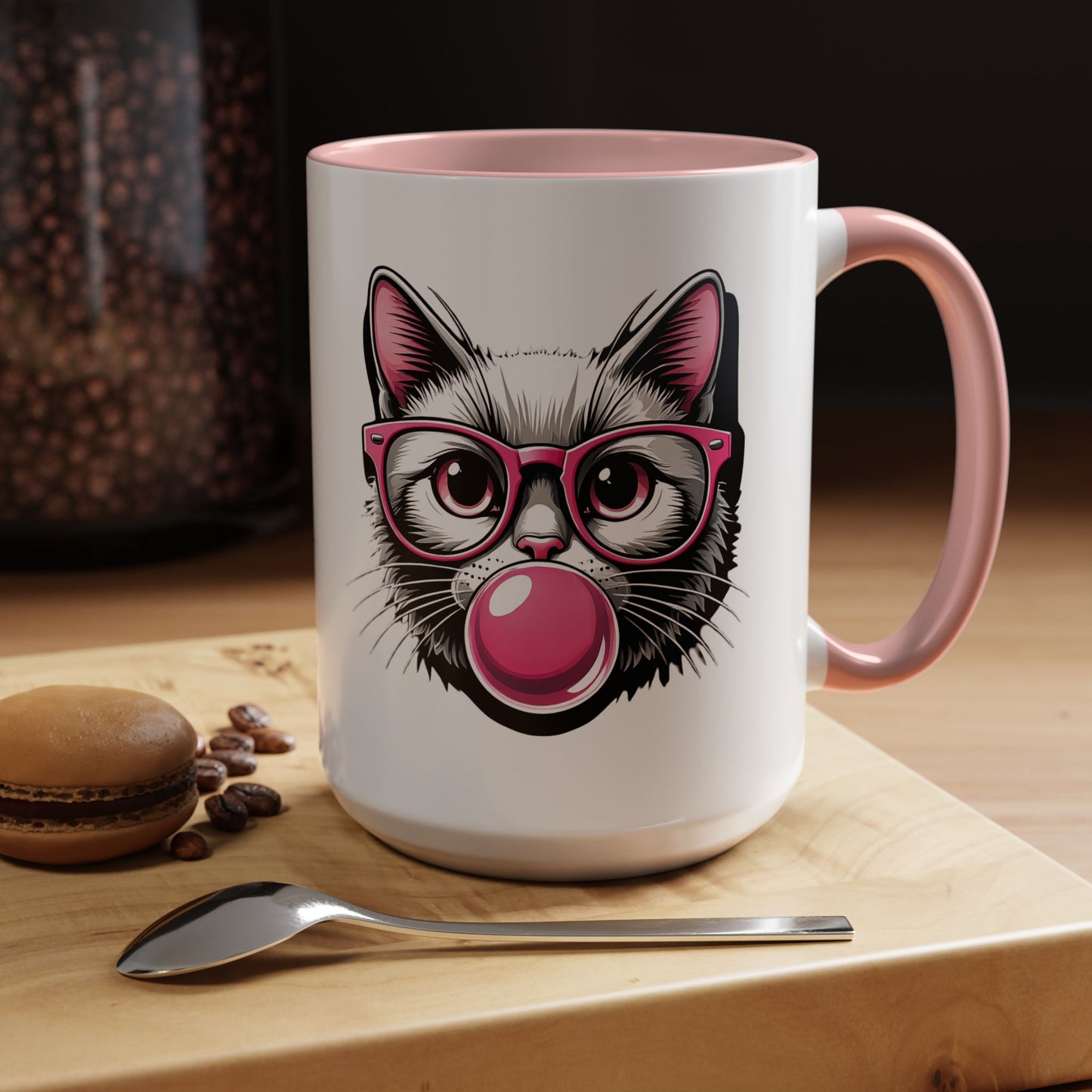 Cat with Pink Glasses & Bubblegum Coffee Mug — Cute Kitty Gift