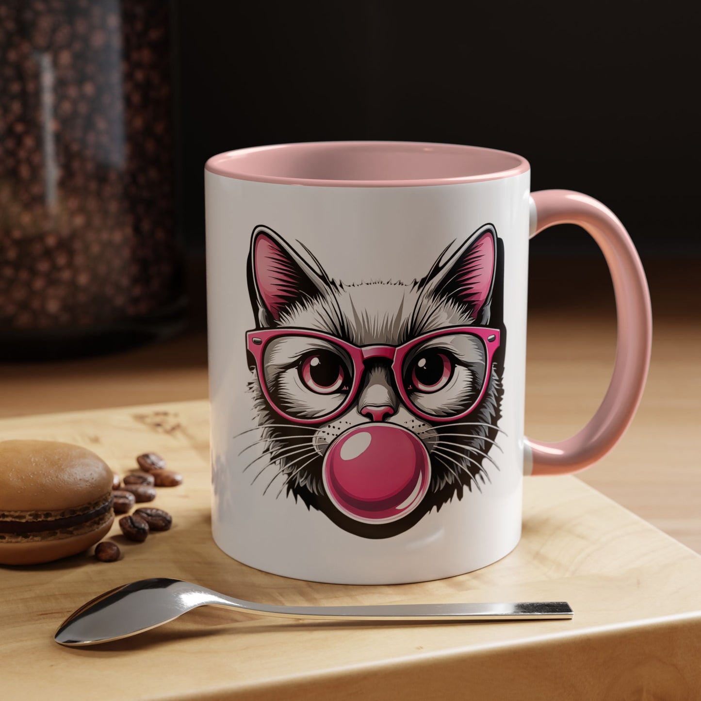 Cat with Pink Glasses & Bubblegum Coffee Mug — Cute Kitty Gift