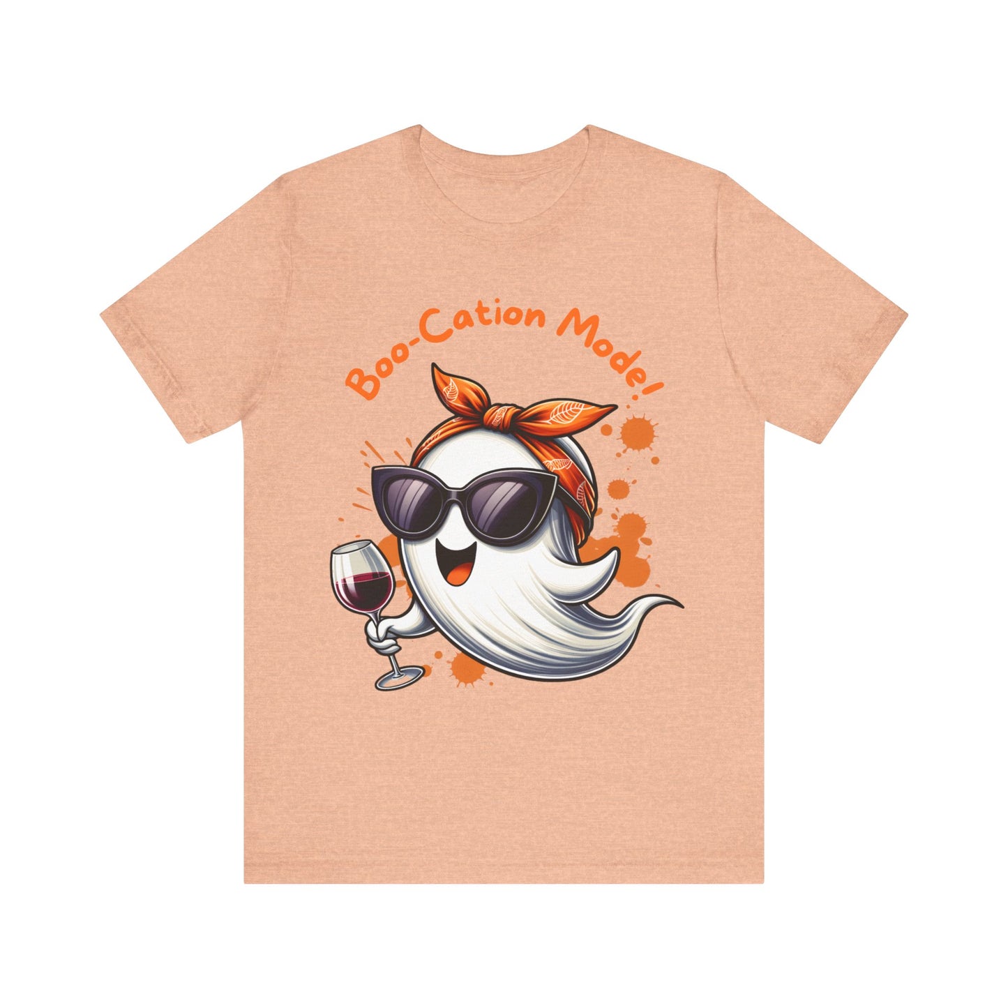 Boo-Cation Mode Ghost Tee | Fun Halloween T-Shirt, Unisex Short Sleeve Shirt, Cute Ghost Costume Top, Wine Lover Gift, Spooky Party Apparel