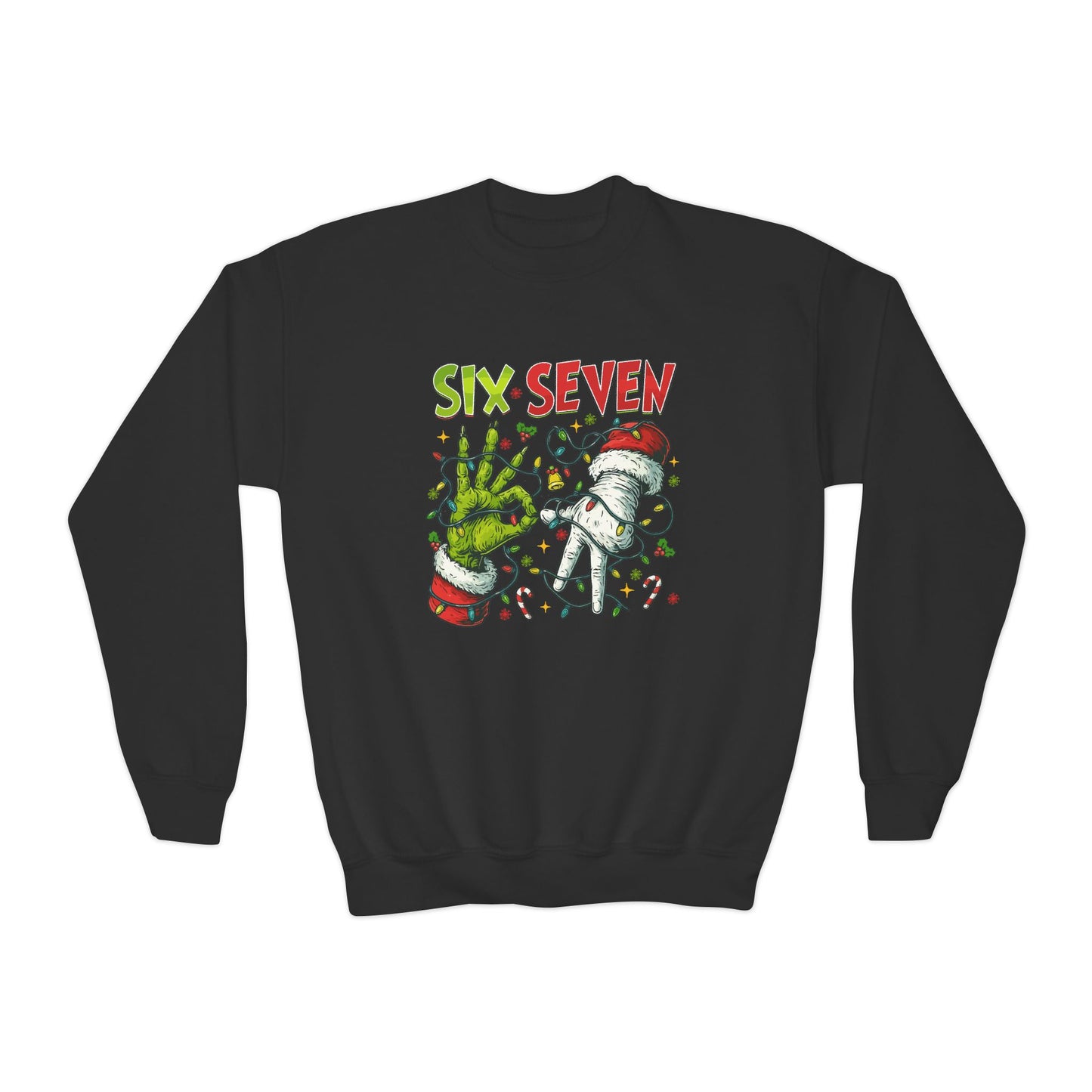 Youth Crewneck Sweatshirt — 'Six Seven' Festive Grinch Holiday Graphic