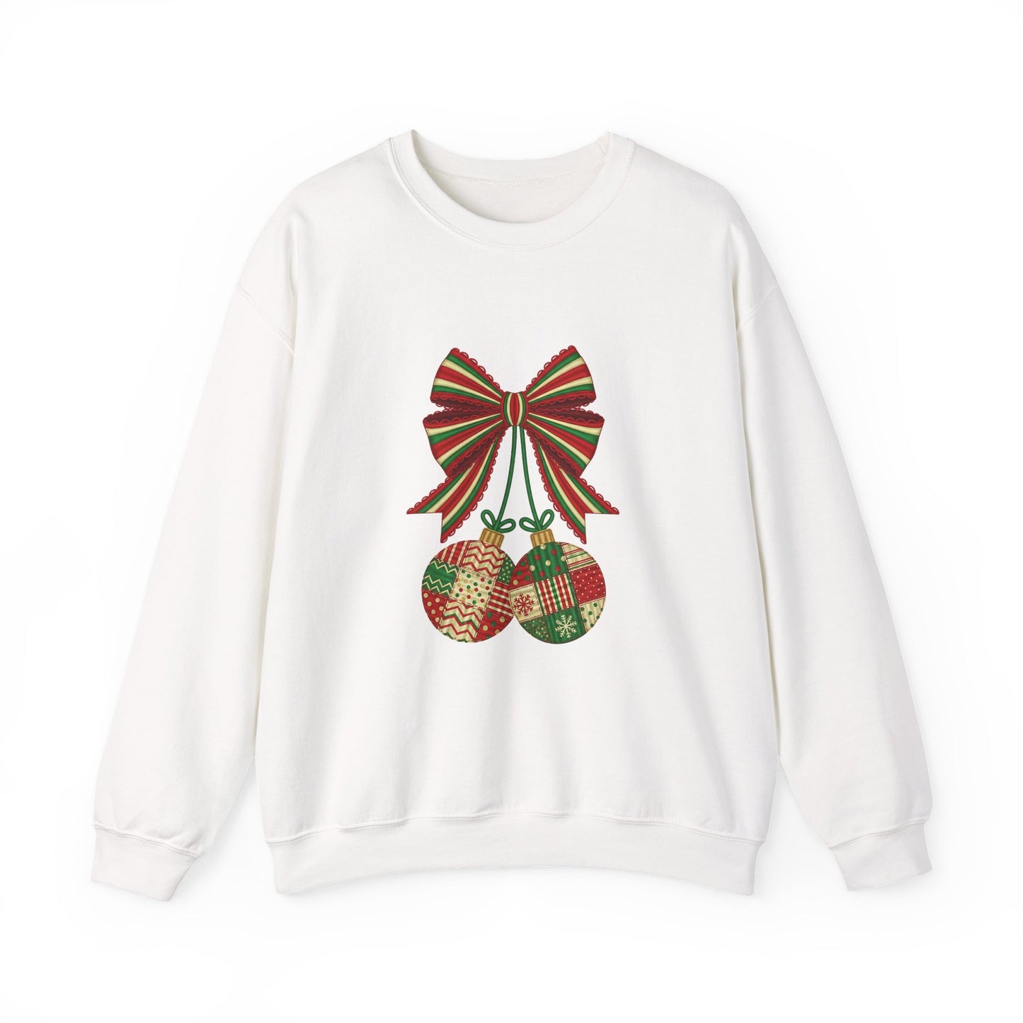 Christmas Ornament Crewneck Sweatshirt – Festive Bow & Patchwork Baubles