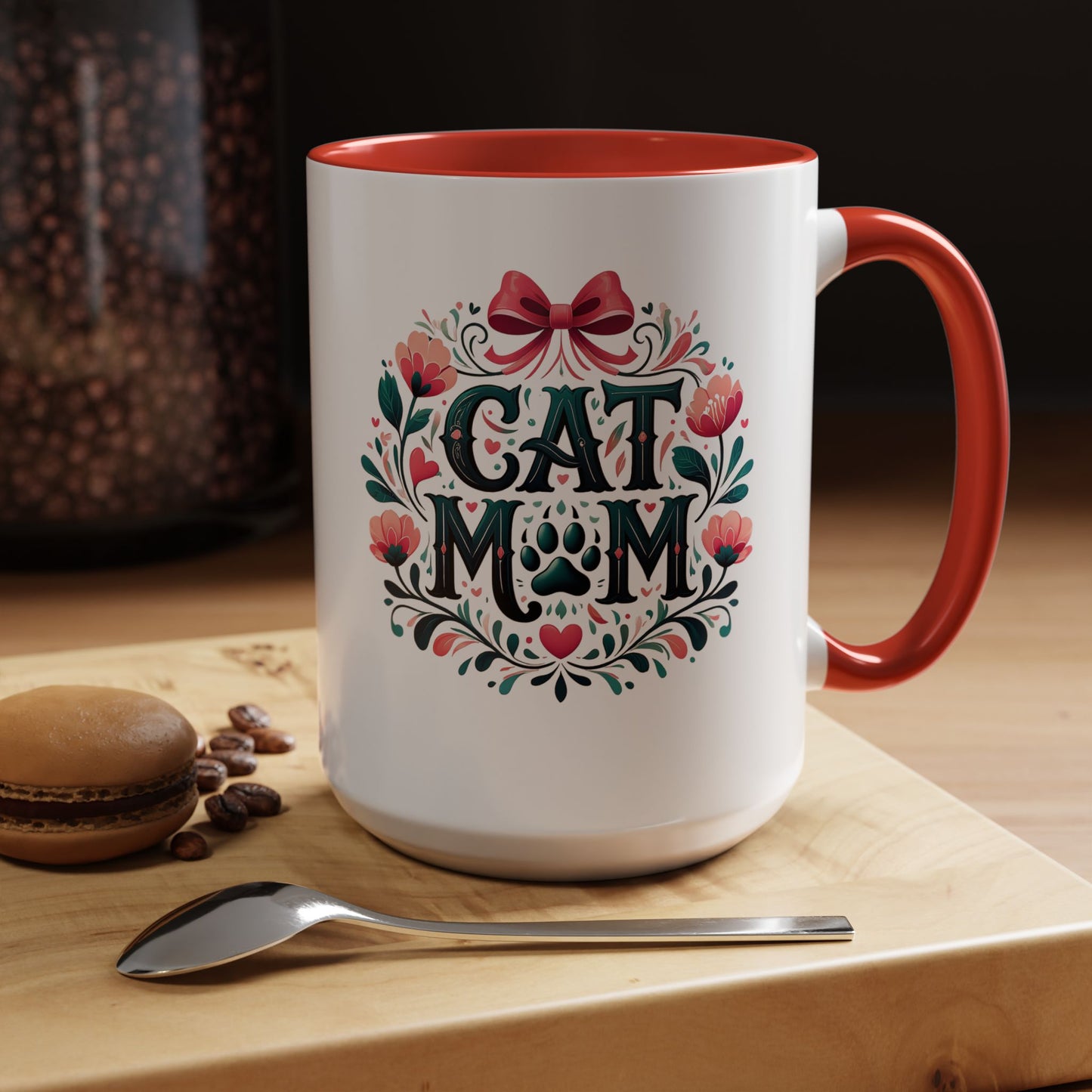 Cat Mom Floral Accent Coffee Mug – Cute Paw Print Gift (11/15oz)