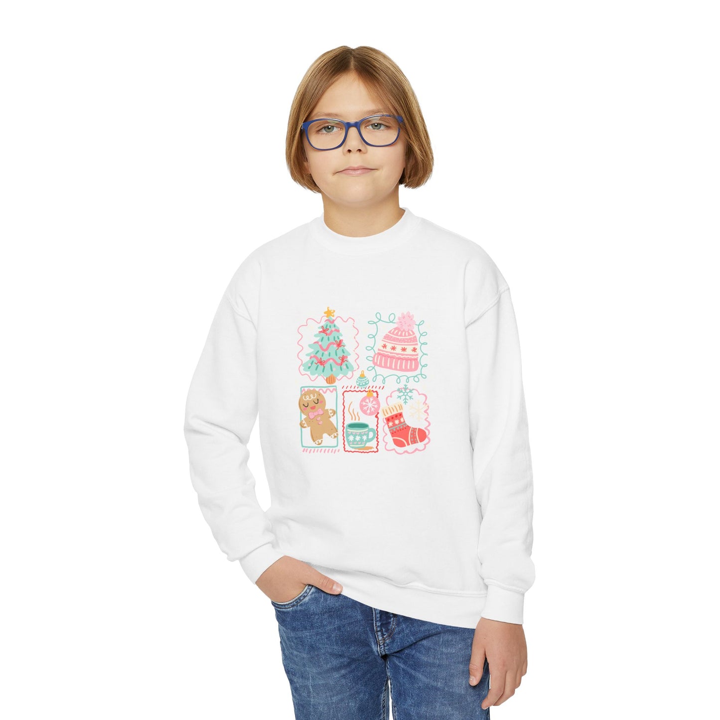 Youth Christmas Crewneck Sweatshirt — Cute Holiday Tree, Gingerbread & Stocking Design