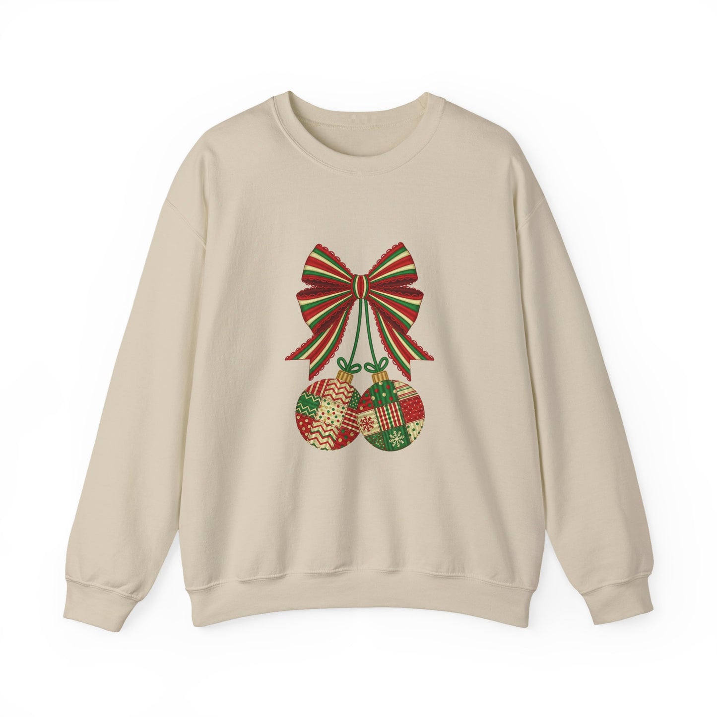 Christmas Ornament Crewneck Sweatshirt – Festive Bow & Patchwork Baubles