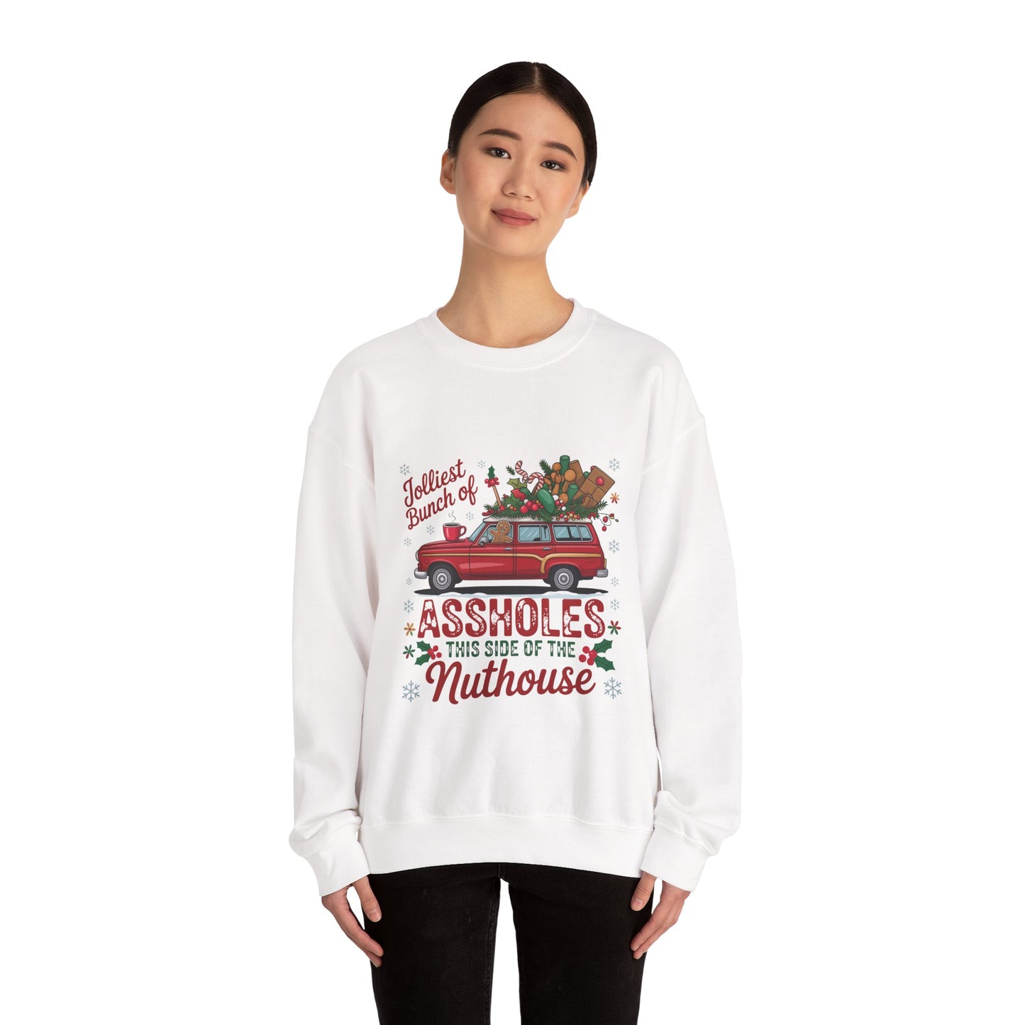 Holiday Crewneck Sweatshirt - "Jolliest Bunch of Assholes This Side of the Nuthouse" Vintage Car Christmas Design