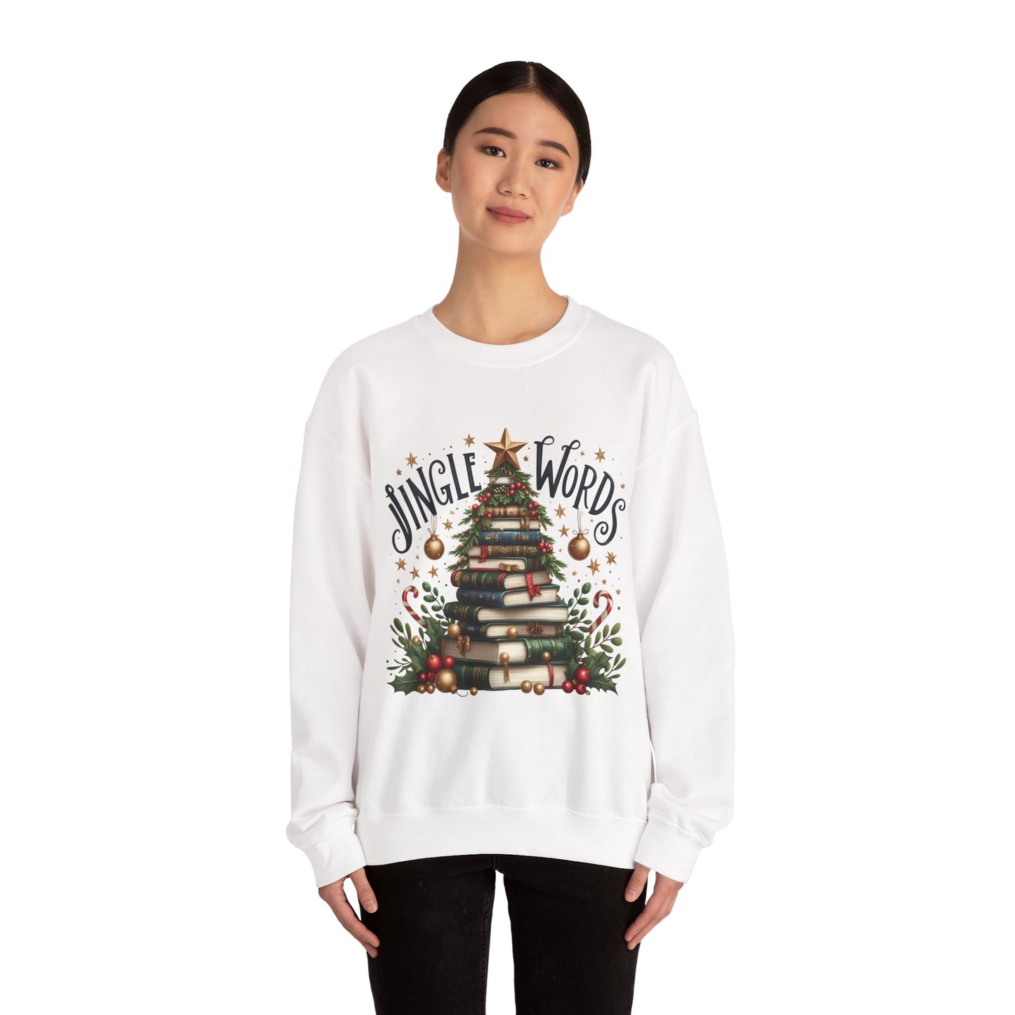 Christmas Book Tree Sweatshirt — "Jingle Words" Literary Holiday Crewneck