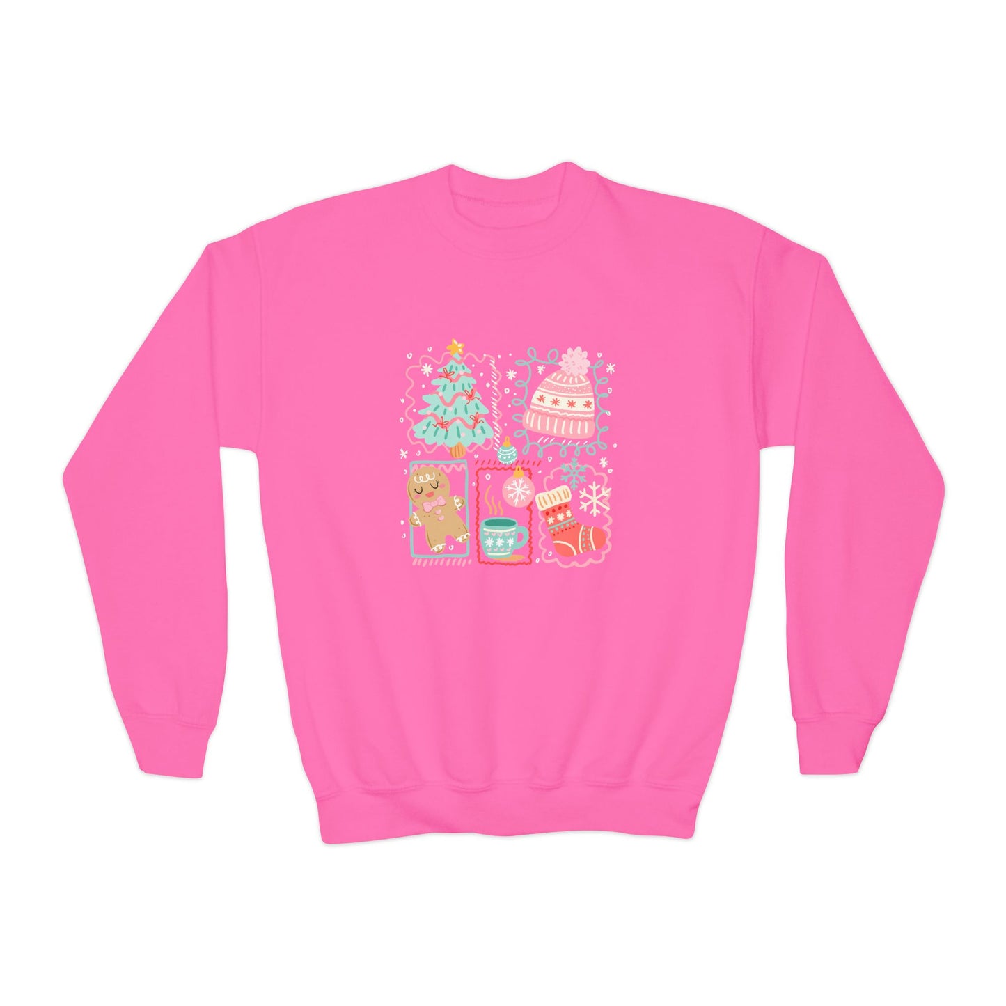 Youth Christmas Crewneck Sweatshirt — Cute Holiday Tree, Gingerbread & Stocking Design