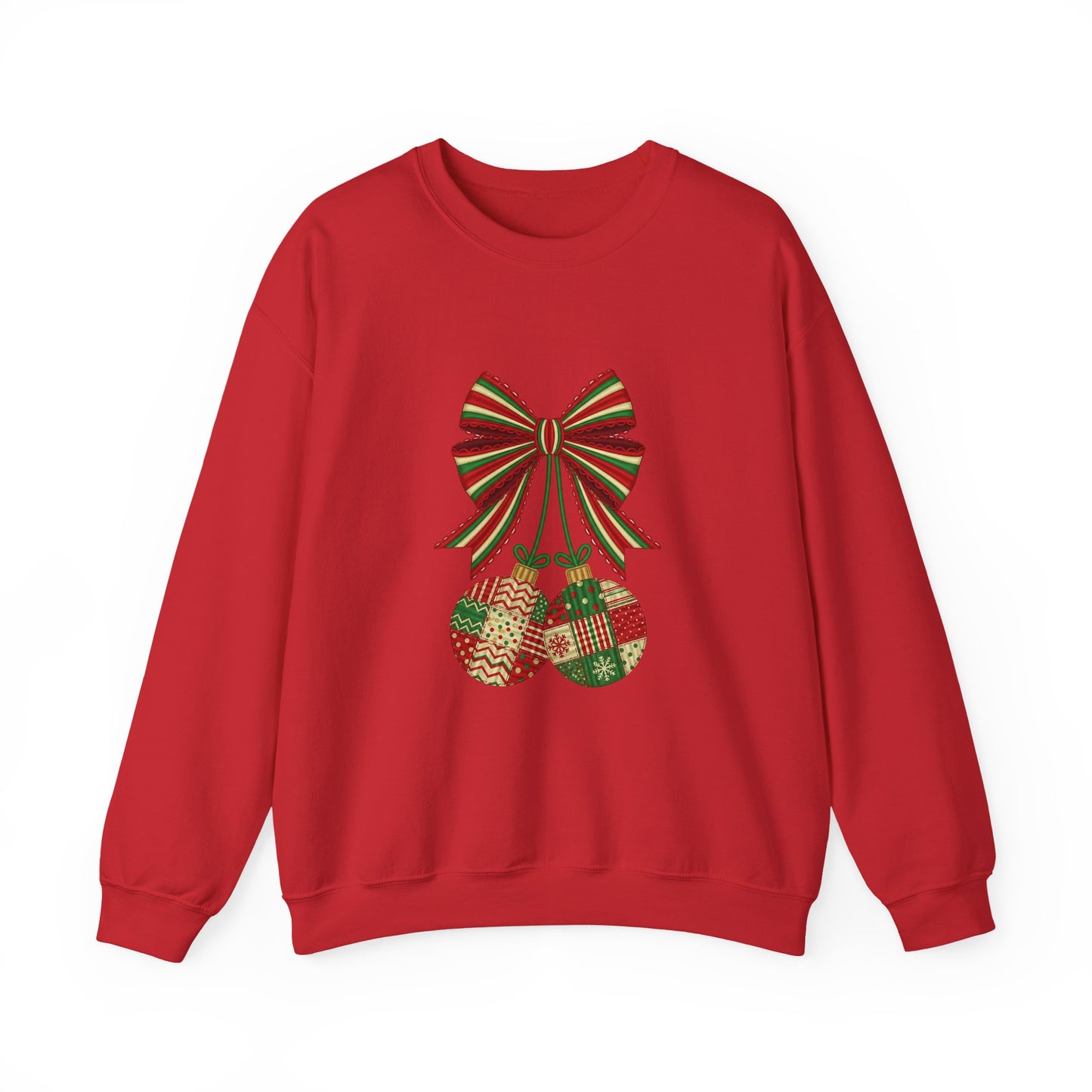 Christmas Ornament Crewneck Sweatshirt – Festive Bow & Patchwork Baubles