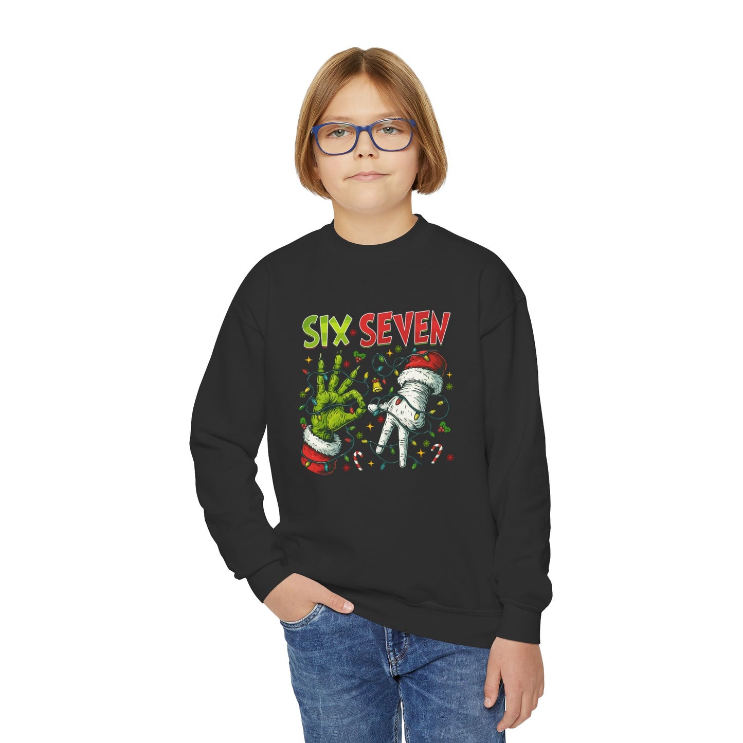 Youth Crewneck Sweatshirt — 'Six Seven' Festive Grinch Holiday Graphic