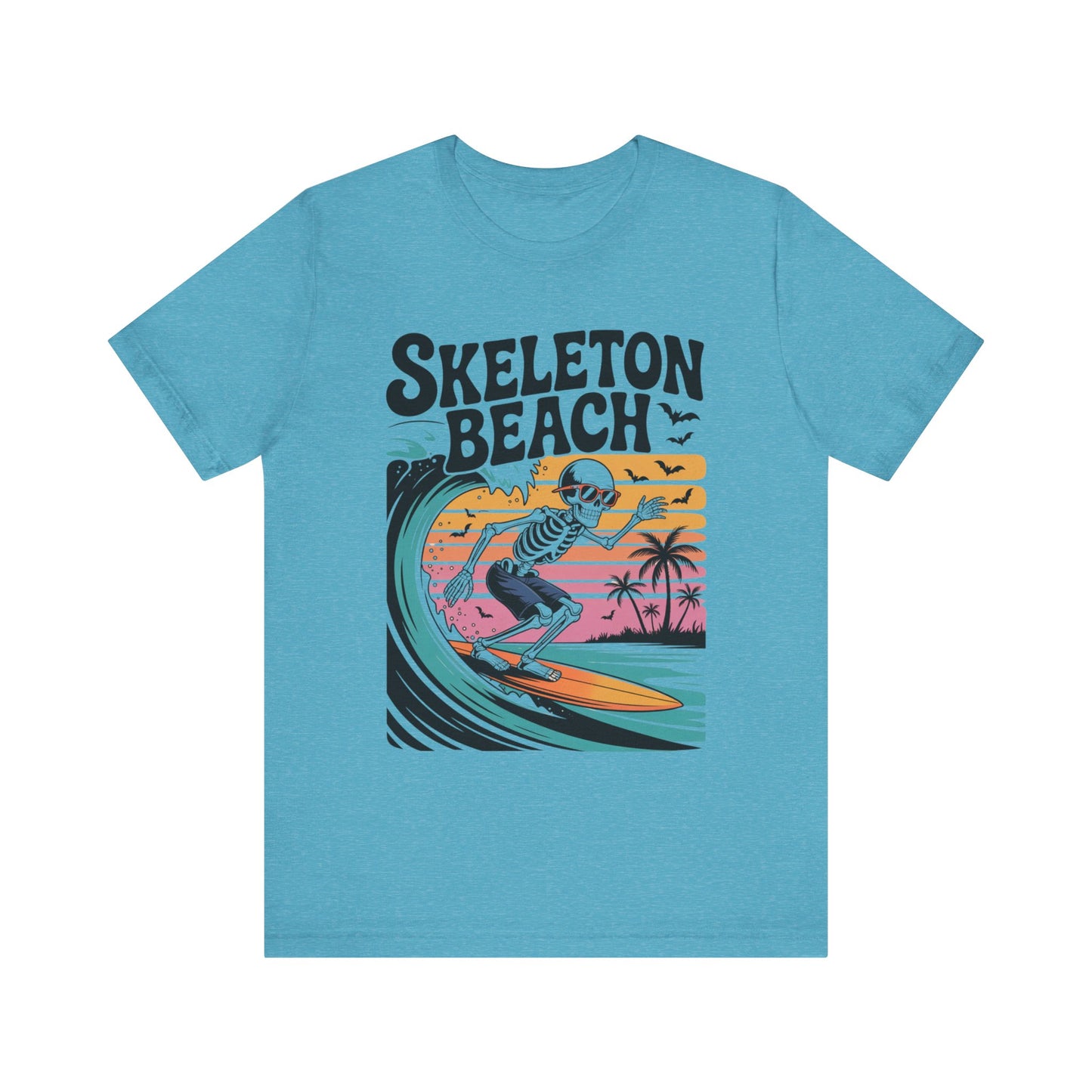 Skeleton Beach Surfing Tee for Summer, Unisex Tee, Beachwear, Vacation Shirt, Fun Gift