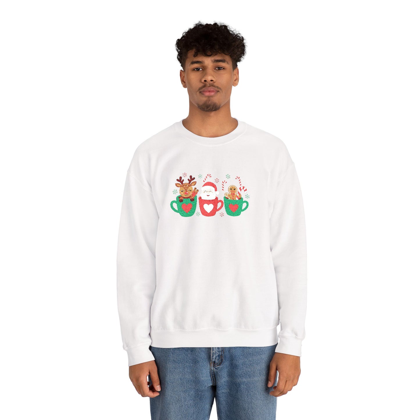 Christmas Mug Crewneck Sweatshirt – Santa, Reindeer & Gingerbread in Holiday Mugs