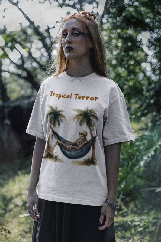 Tropical Terror Unisex Tee, Casual Summer Shirt, Skeleton Graphic T-shirt, Vacation Wear, Halloween Style, Beach Apparel