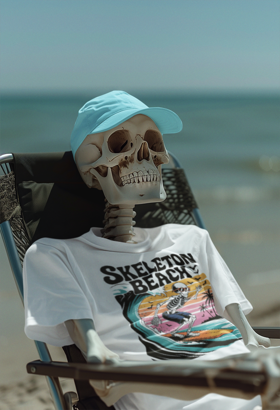 Skeleton Beach Surfing Tee for Summer, Unisex Tee, Beachwear, Vacation Shirt, Fun Gift