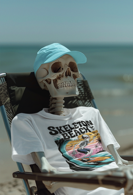 Skeleton Beach Surfing Tee for Summer, Unisex Tee, Beachwear, Vacation Shirt, Fun Gift