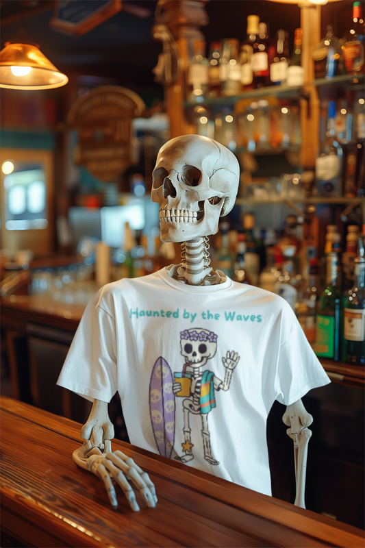 Haunted by the Waves Skeleton Tee, Beach Shirt, Surfing Top, Halloween Apparel, Unisex T-Shirt, Fun Summer Fashion