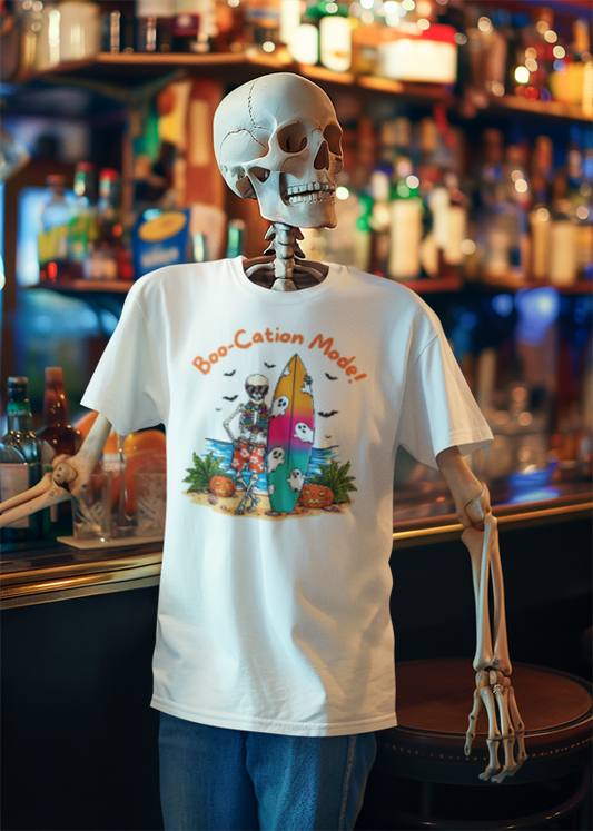 Boo-Cation Mode Skeleton Tee - Perfect for Halloween, Beach Days, Summer, Casual Wear, Unisex, Surf Style