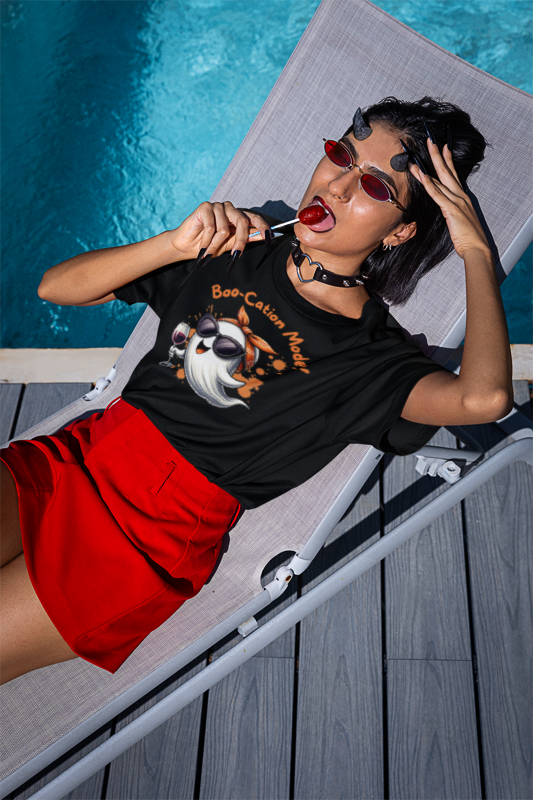 Boo-Cation Mode Ghost Tee | Fun Halloween T-Shirt, Unisex Short Sleeve Shirt, Cute Ghost Costume Top, Wine Lover Gift, Spooky Party Apparel