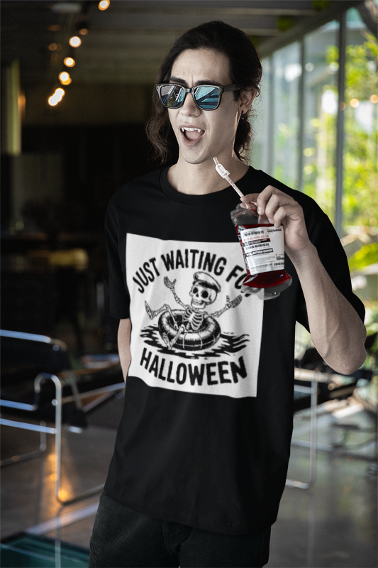 Halloween Skeleton Unisex Jersey Tee | Just Waiting for Halloween Shirt, Spooky Season Shirt, Autumn T-Shirt, Fun Halloween Apparel