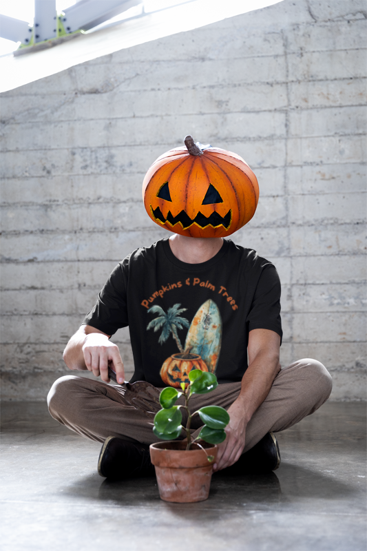 Pumpkins & Palm Trees Tee - Fun Fall Beach Vibes, Unisex Short Sleeve T-Shirt for Halloween, Summer Celebrations, Beach Life