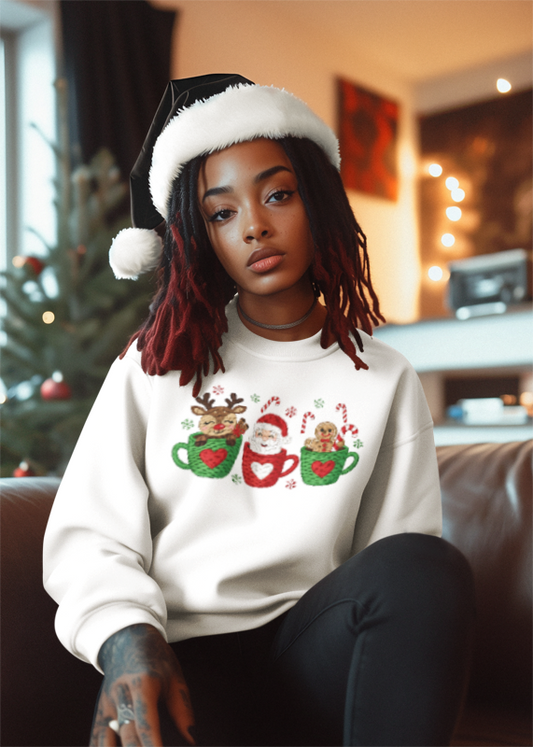 Christmas Mug Crewneck Sweatshirt – Santa, Reindeer & Gingerbread in Holiday Mugs