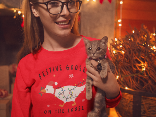 Festive Goose Crewneck Sweatshirt — "Festive Goose On The Loose" Holiday Sweatshirt