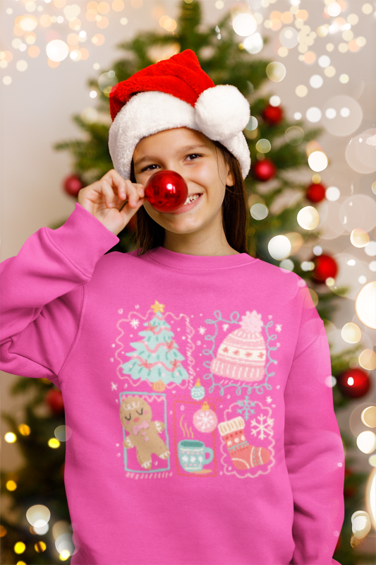 Youth Christmas Crewneck Sweatshirt — Cute Holiday Tree, Gingerbread & Stocking Design