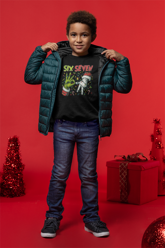 Youth Crewneck Sweatshirt — 'Six Seven' Festive Grinch Holiday Graphic