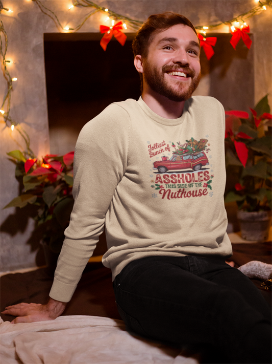 Holiday Crewneck Sweatshirt - "Jolliest Bunch of Assholes This Side of the Nuthouse" Vintage Car Christmas Design