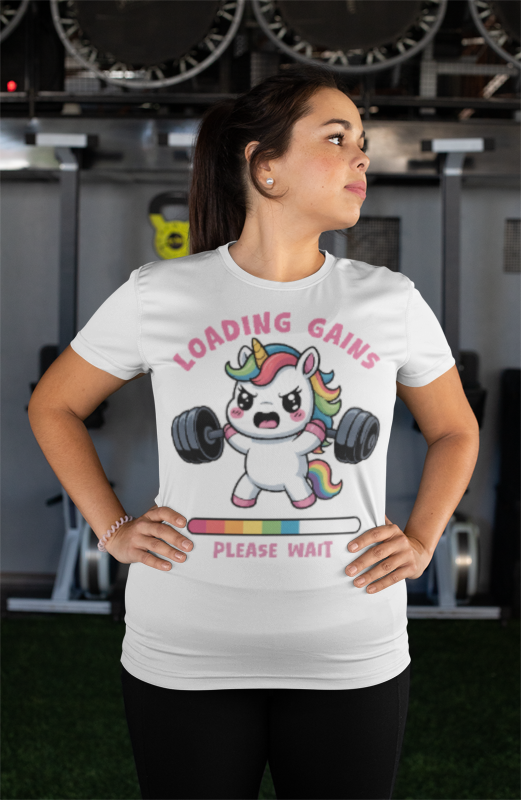 Person wearing a white t-shirt with a unicorn lifting weights graphic and text in a gym setting. Loading Gains Please Wait Unicorn Gym T-Shirt