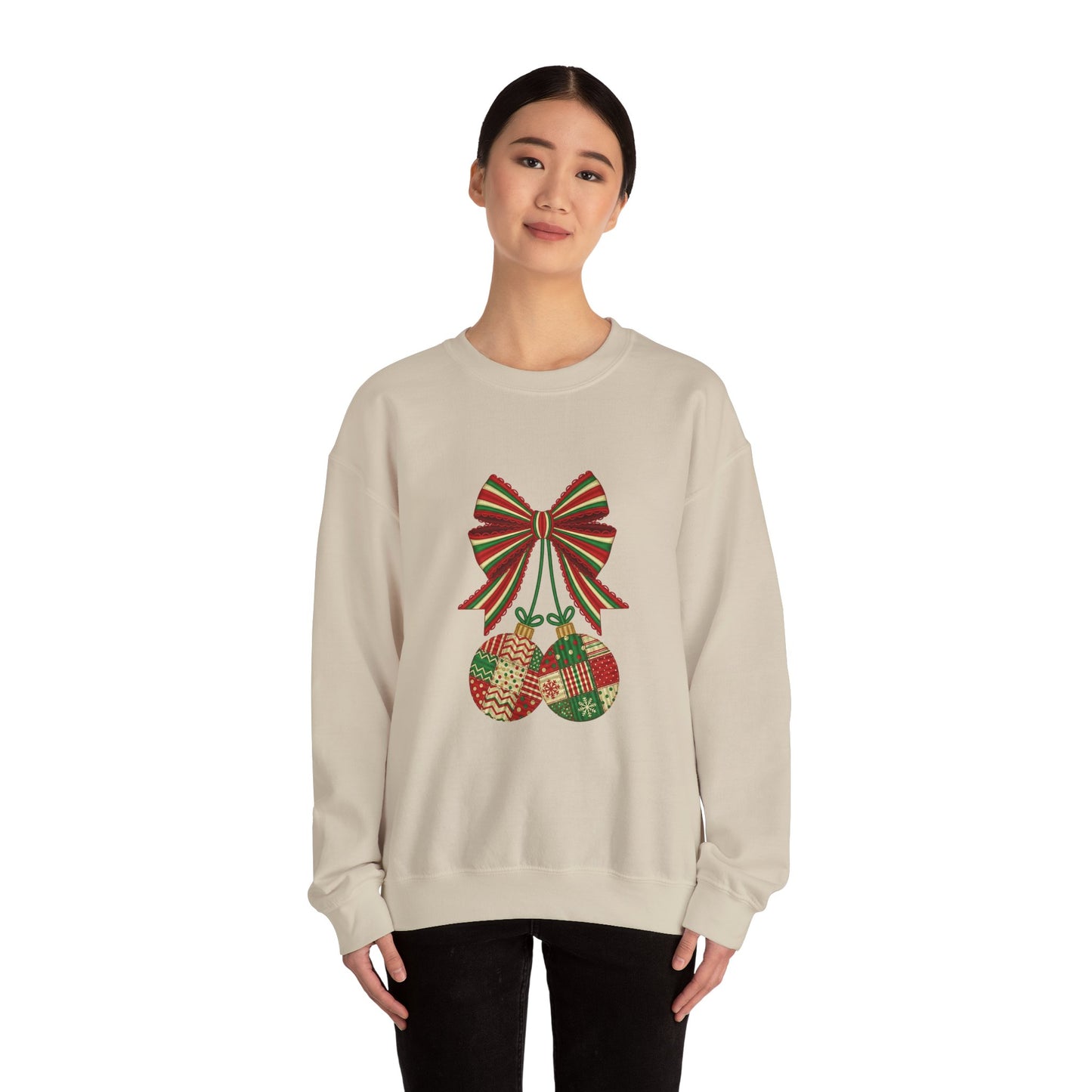 Christmas Ornament Crewneck Sweatshirt – Festive Bow & Patchwork Baubles
