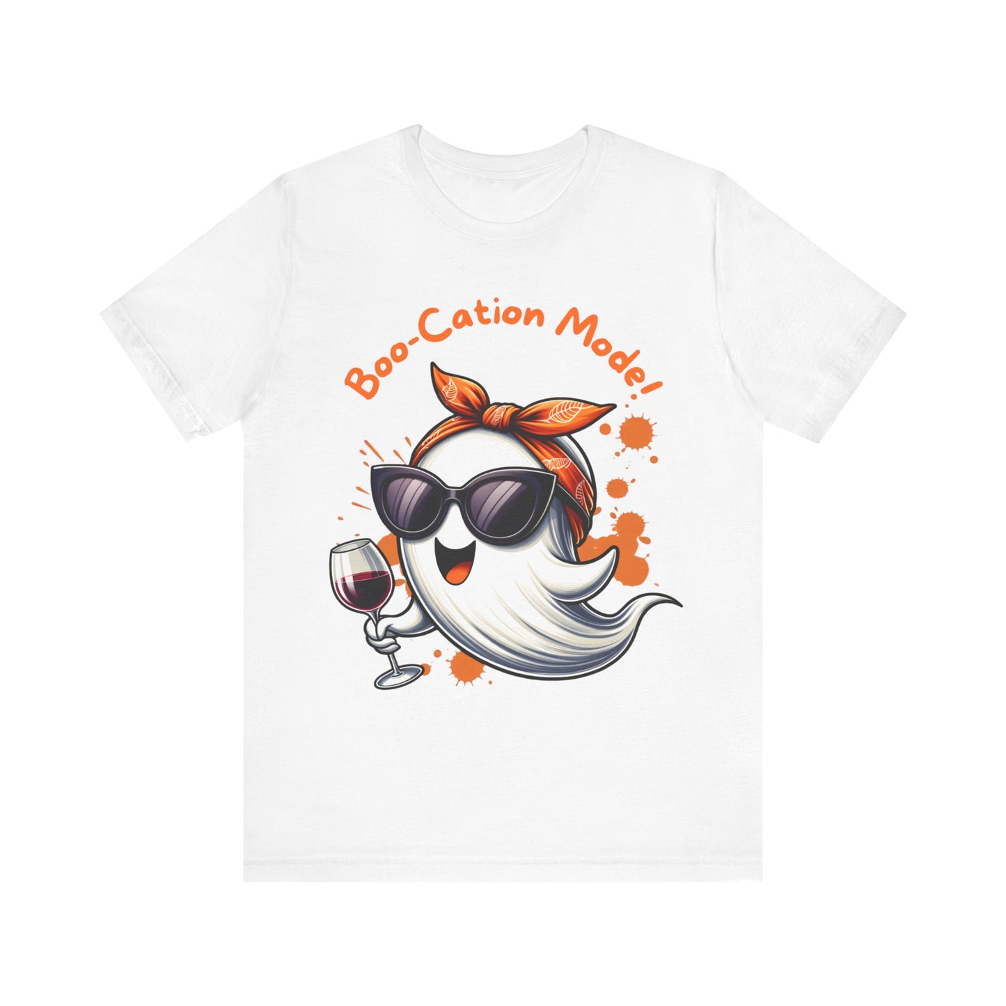 Boo-Cation Mode Ghost Tee | Fun Halloween T-Shirt, Unisex Short Sleeve Shirt, Cute Ghost Costume Top, Wine Lover Gift, Spooky Party Apparel