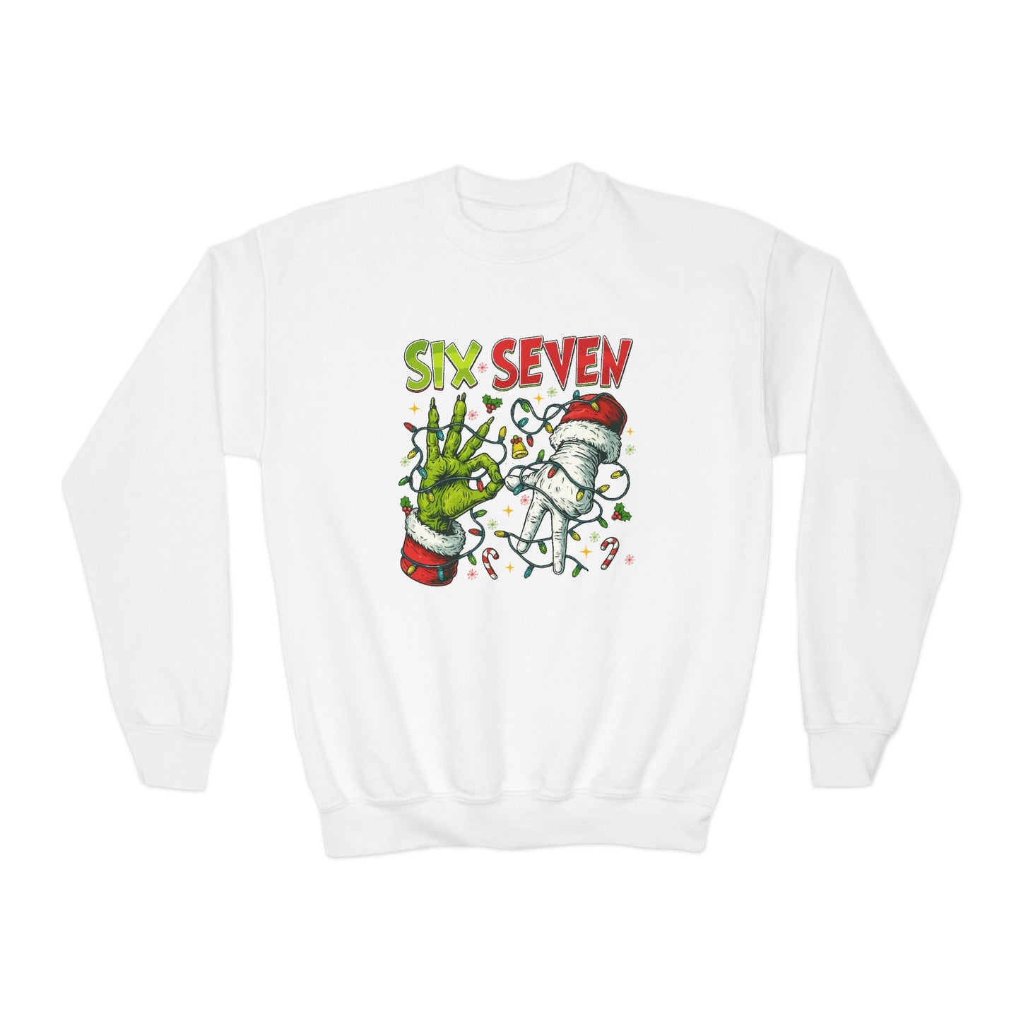 Youth Crewneck Sweatshirt — 'Six Seven' Festive Grinch Holiday Graphic