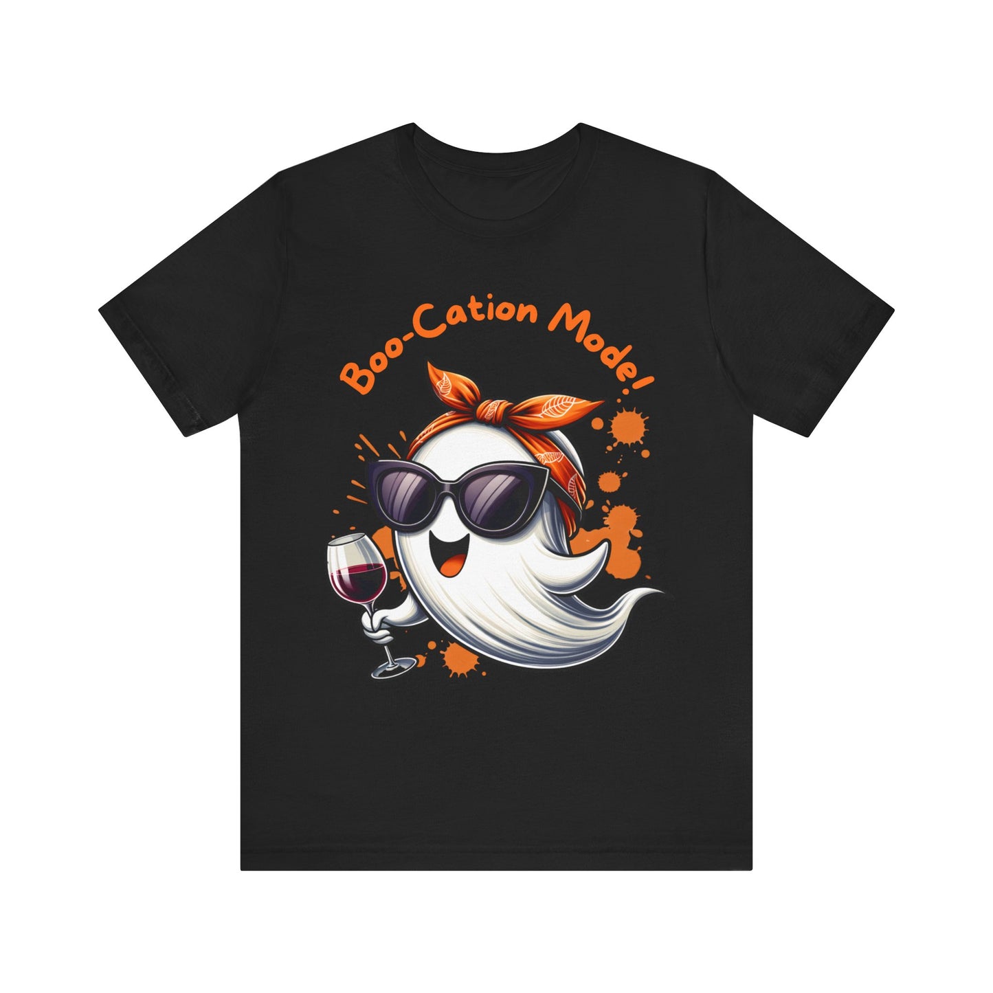 Boo-Cation Mode Ghost Tee | Fun Halloween T-Shirt, Unisex Short Sleeve Shirt, Cute Ghost Costume Top, Wine Lover Gift, Spooky Party Apparel