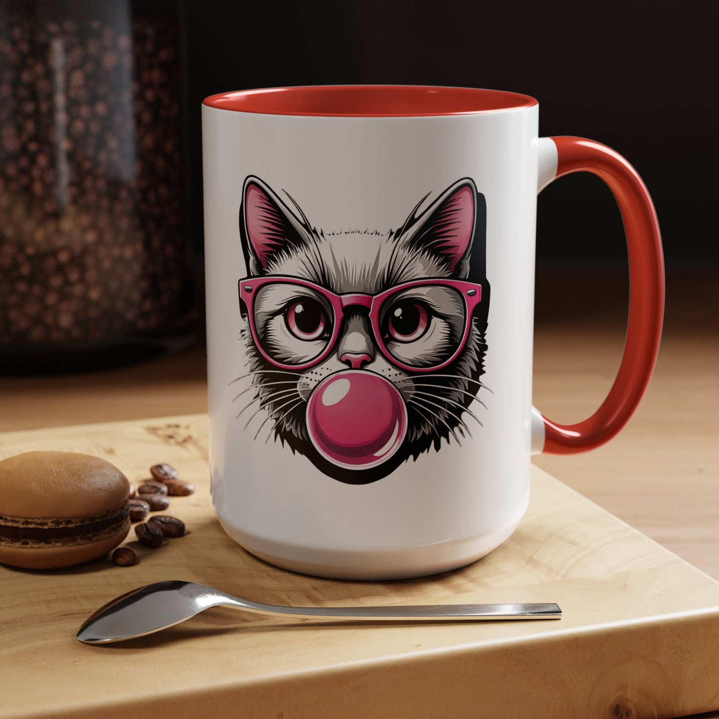 Cat with Pink Glasses & Bubblegum Coffee Mug — Cute Kitty Gift