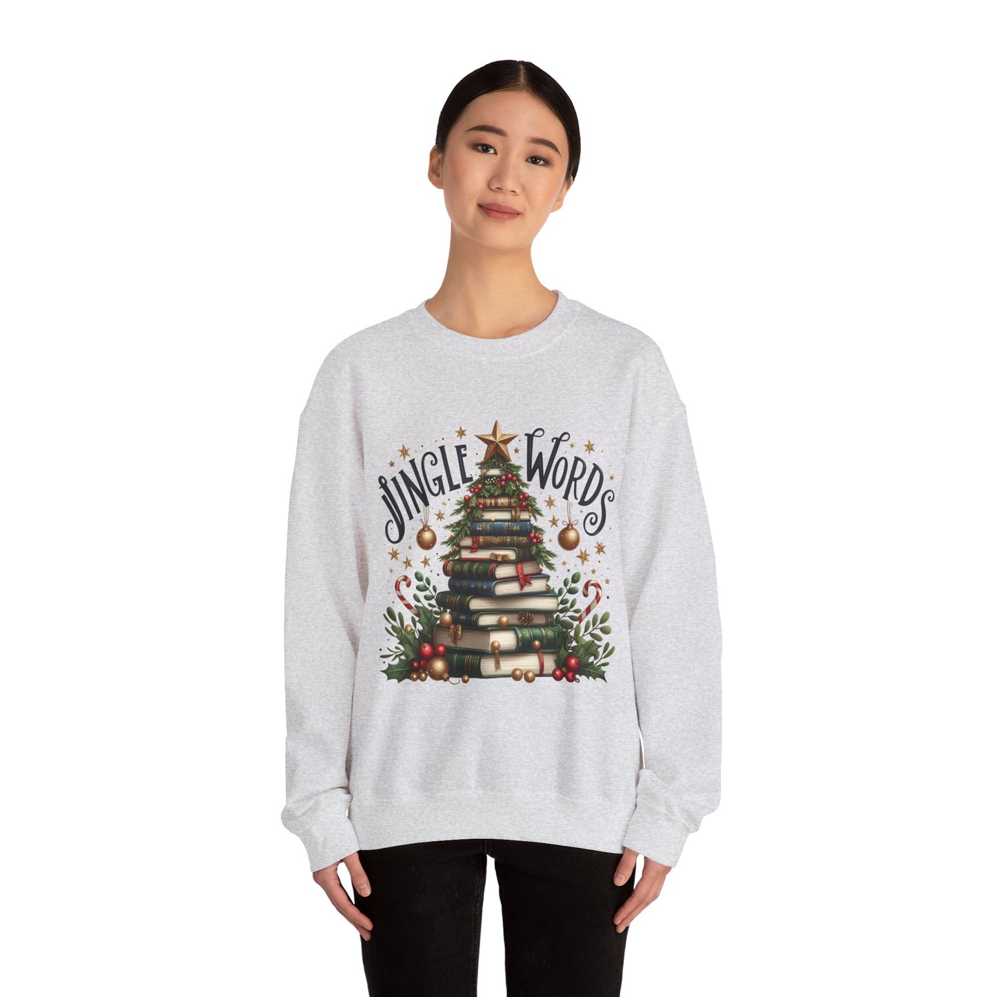Christmas Book Tree Sweatshirt — "Jingle Words" Literary Holiday Crewneck