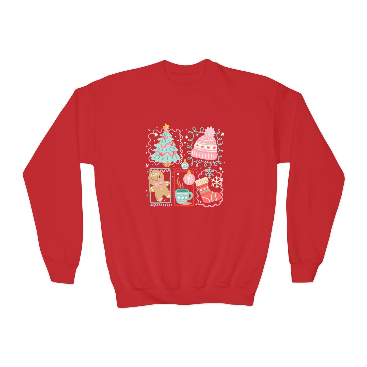 Youth Christmas Crewneck Sweatshirt — Cute Holiday Tree, Gingerbread & Stocking Design