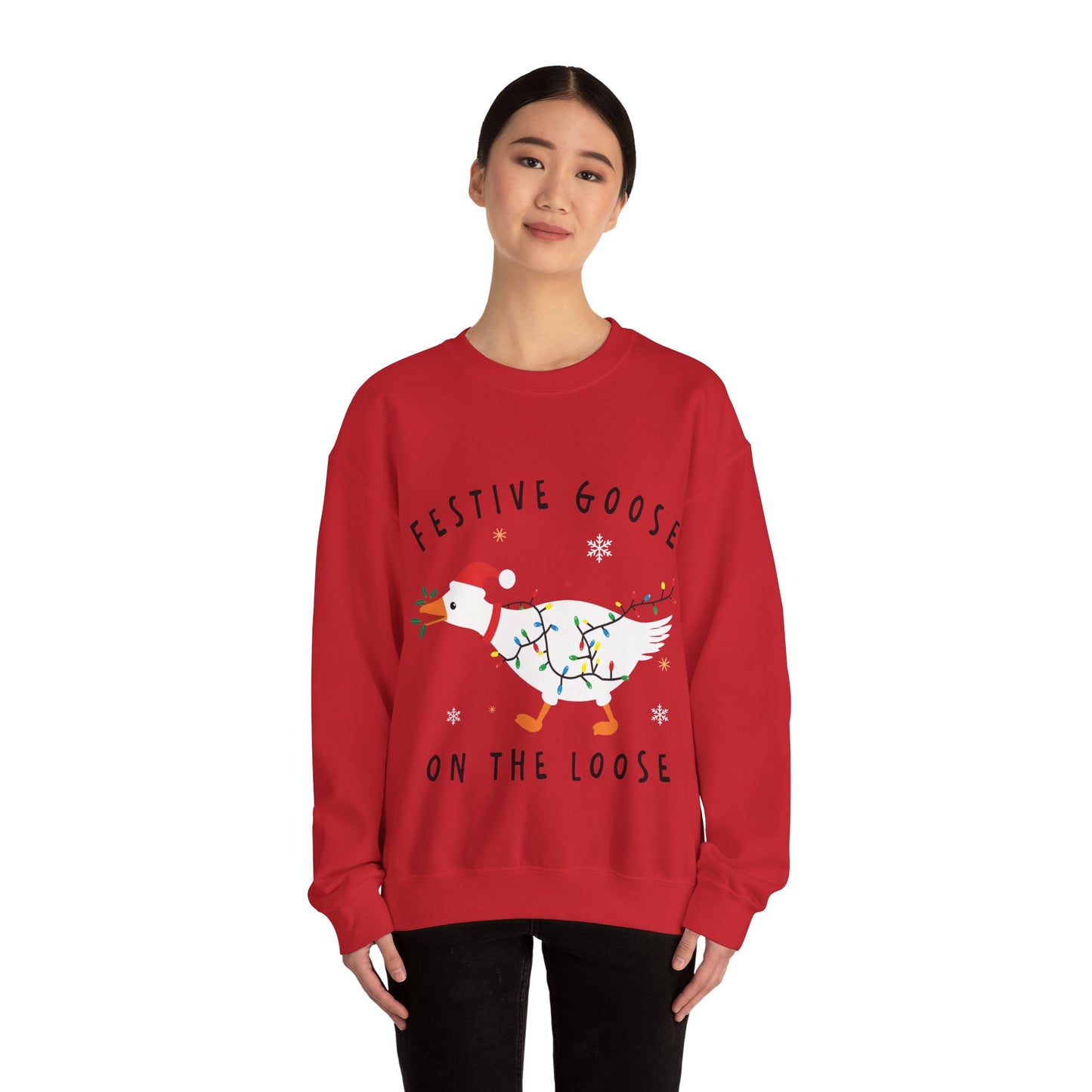 Festive Goose Crewneck Sweatshirt — "Festive Goose On The Loose" Holiday Sweatshirt