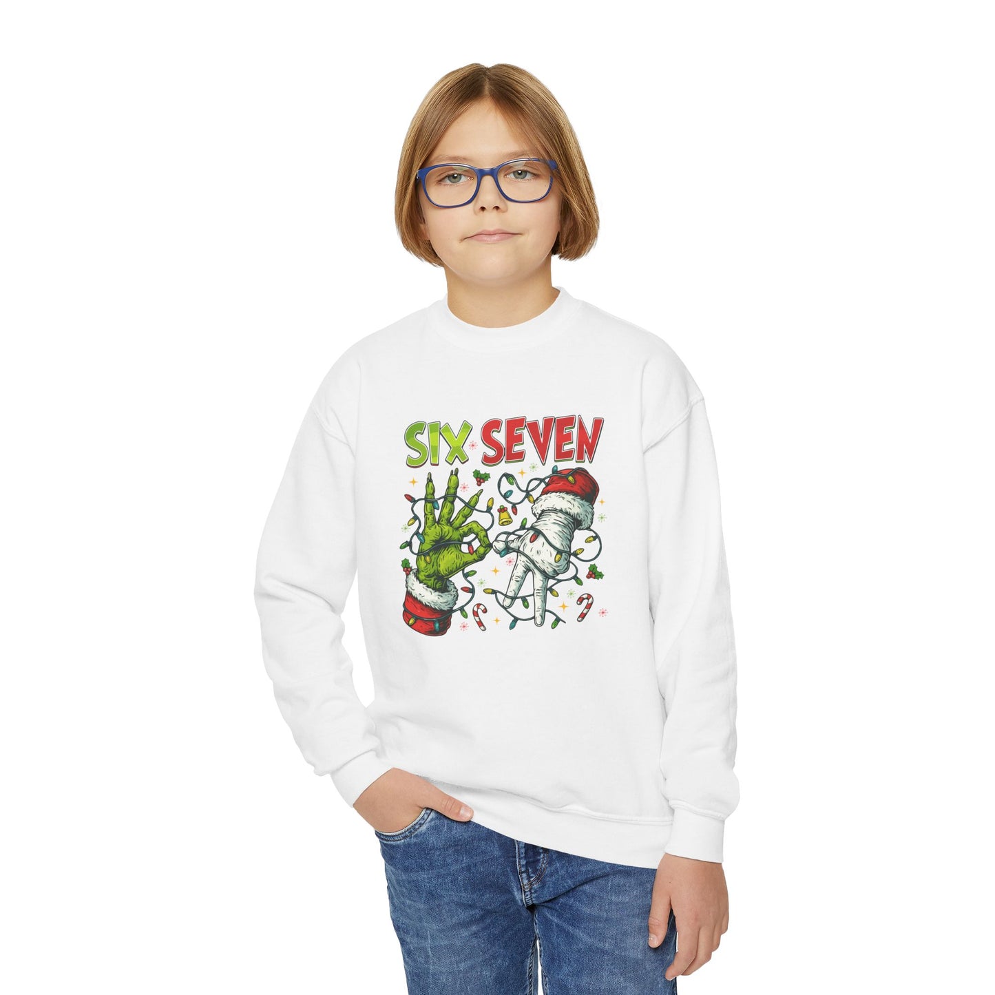 Youth Crewneck Sweatshirt — 'Six Seven' Festive Grinch Holiday Graphic
