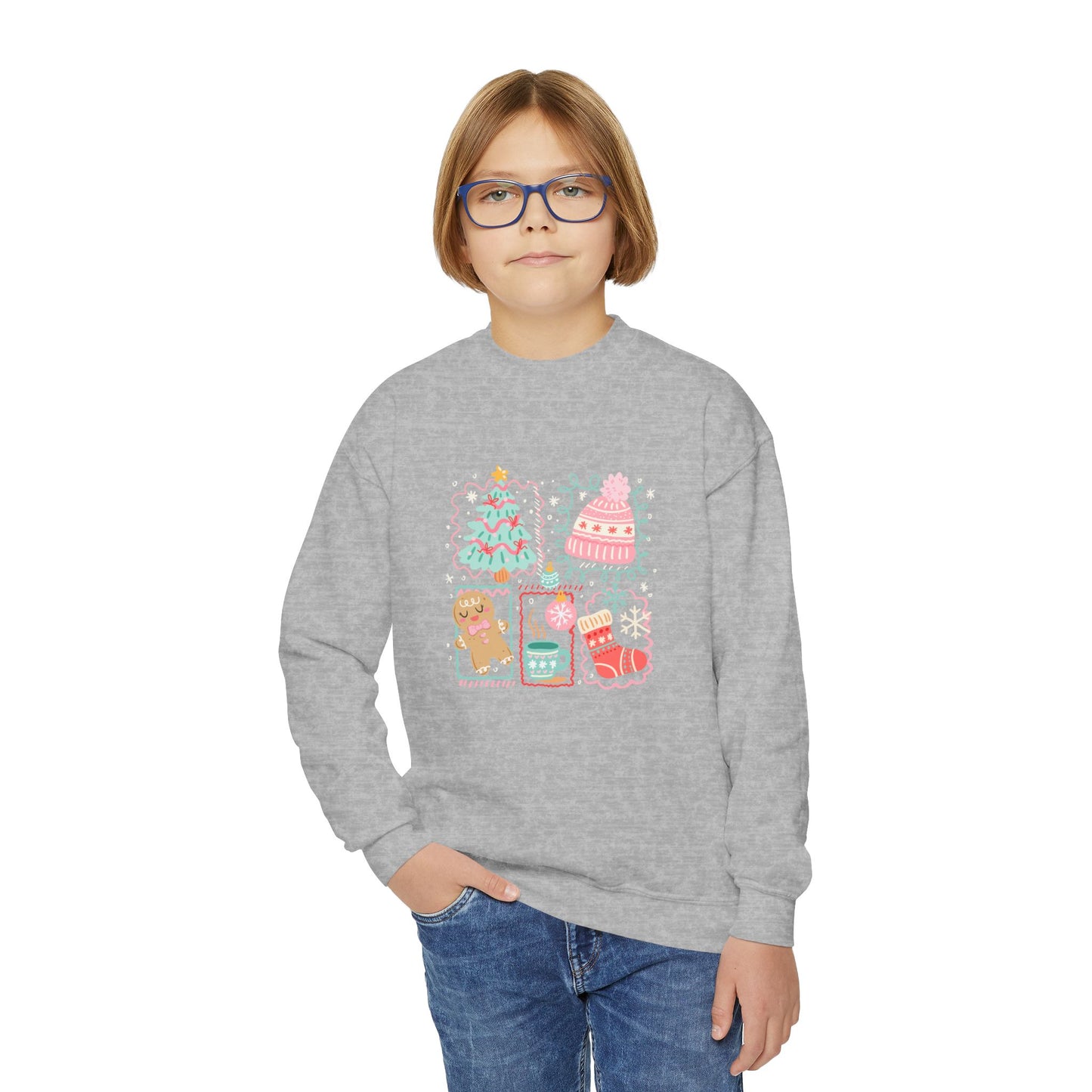 Youth Christmas Crewneck Sweatshirt — Cute Holiday Tree, Gingerbread & Stocking Design