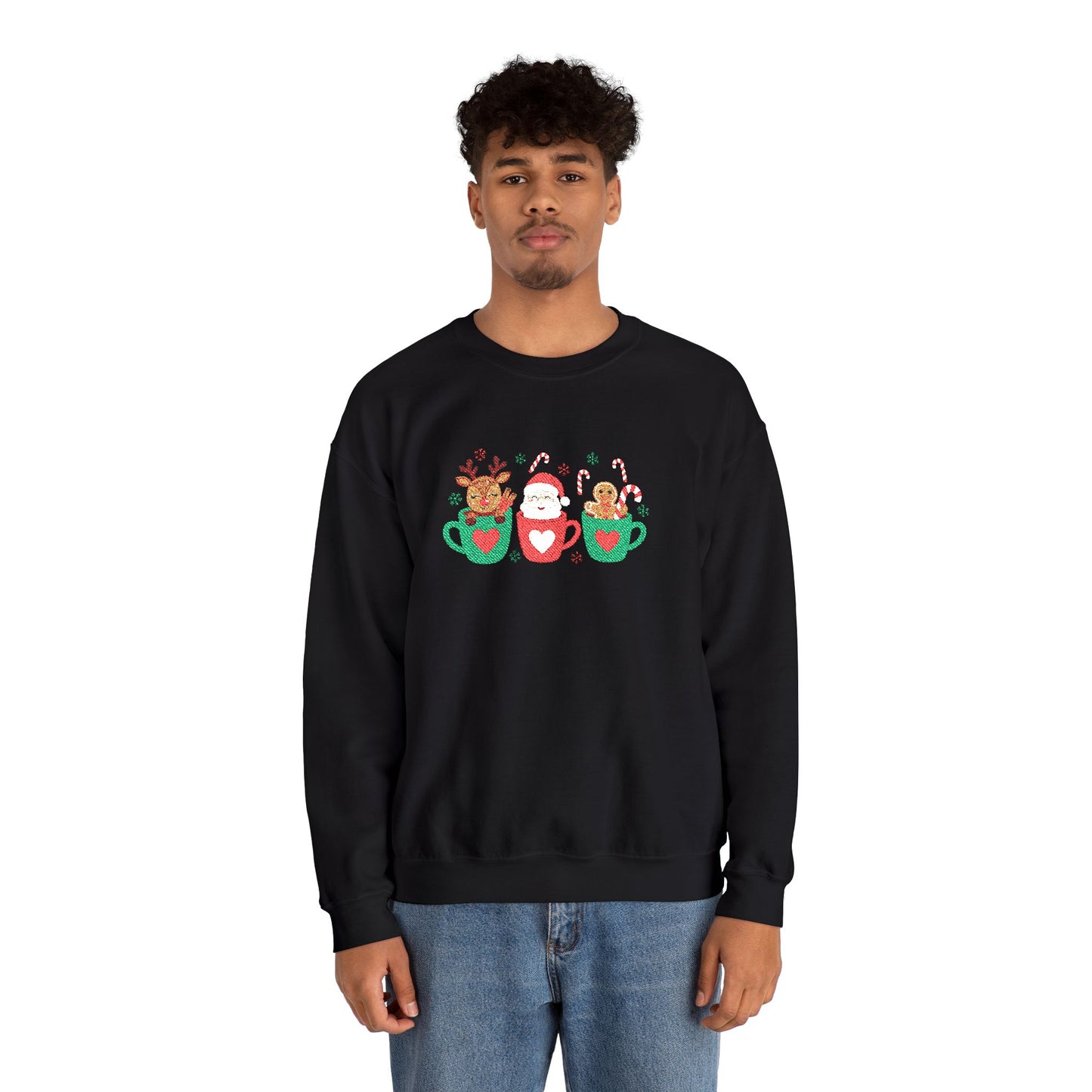 Christmas Mug Crewneck Sweatshirt – Santa, Reindeer & Gingerbread in Holiday Mugs